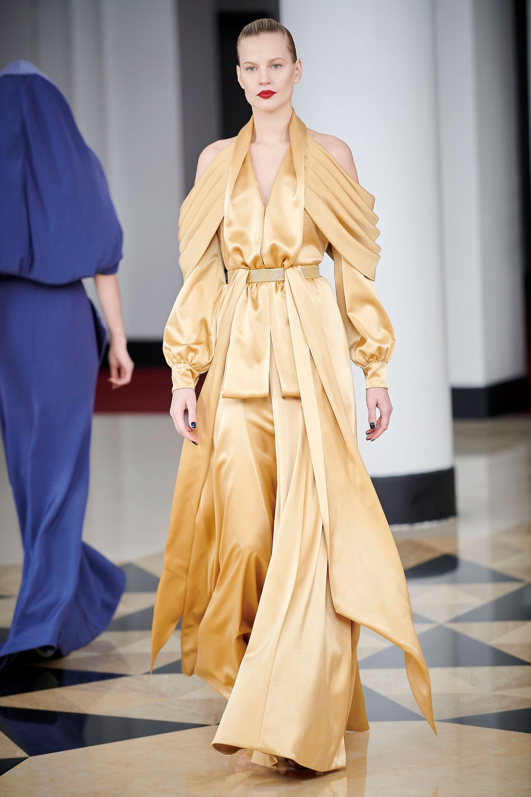 gold satin off-shoulder jumpsuit