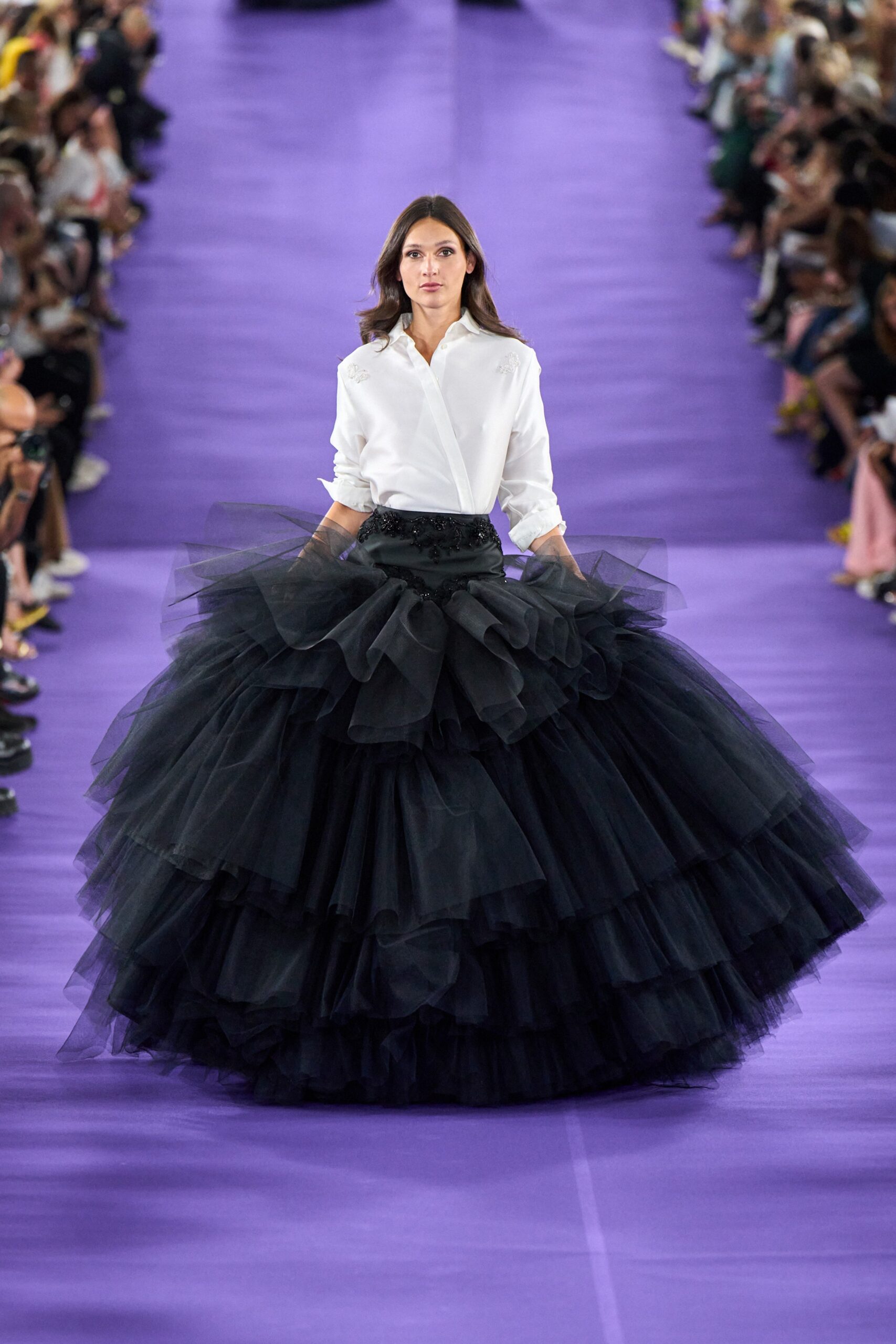 white fitted shirt black tiered skirt