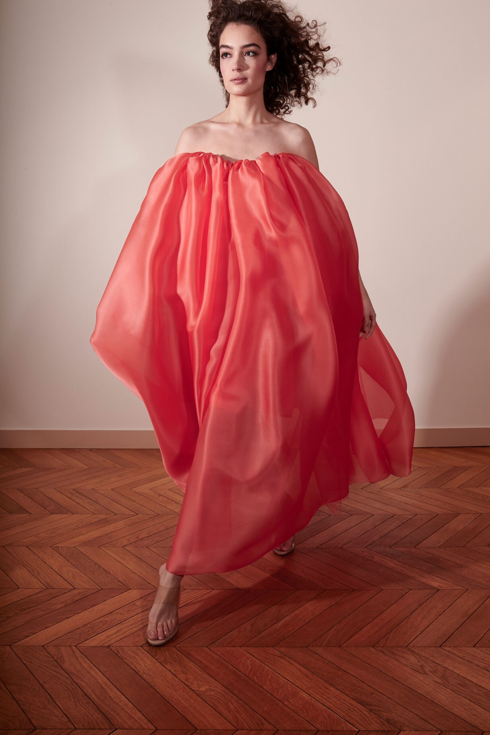 coral chiffon strapless gown