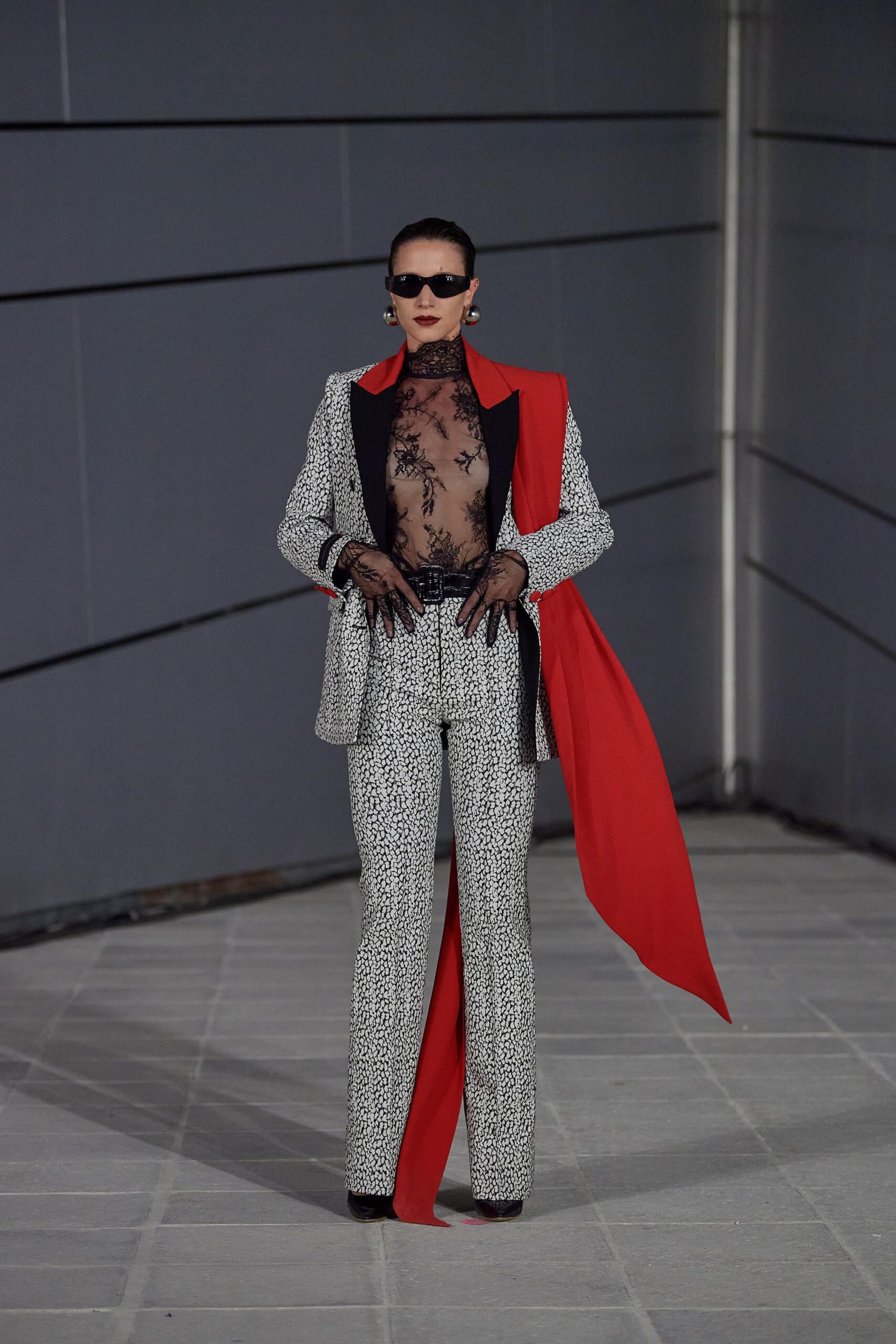 tailored suit with lace top