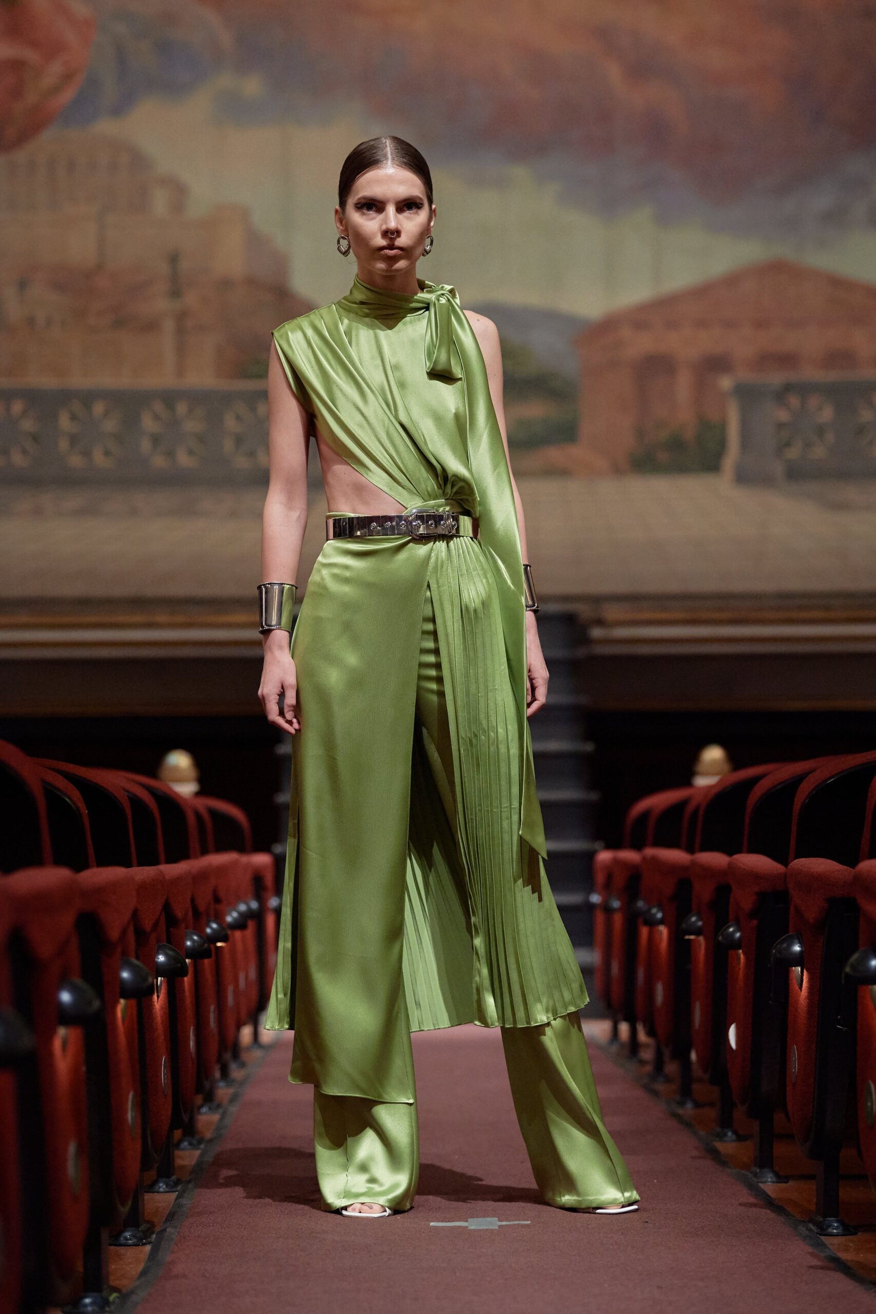 green silk fitted straight-leg flowing pants