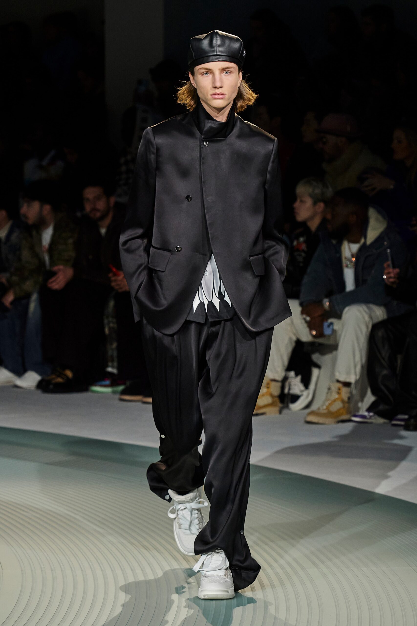 black silk suit with relaxed fit