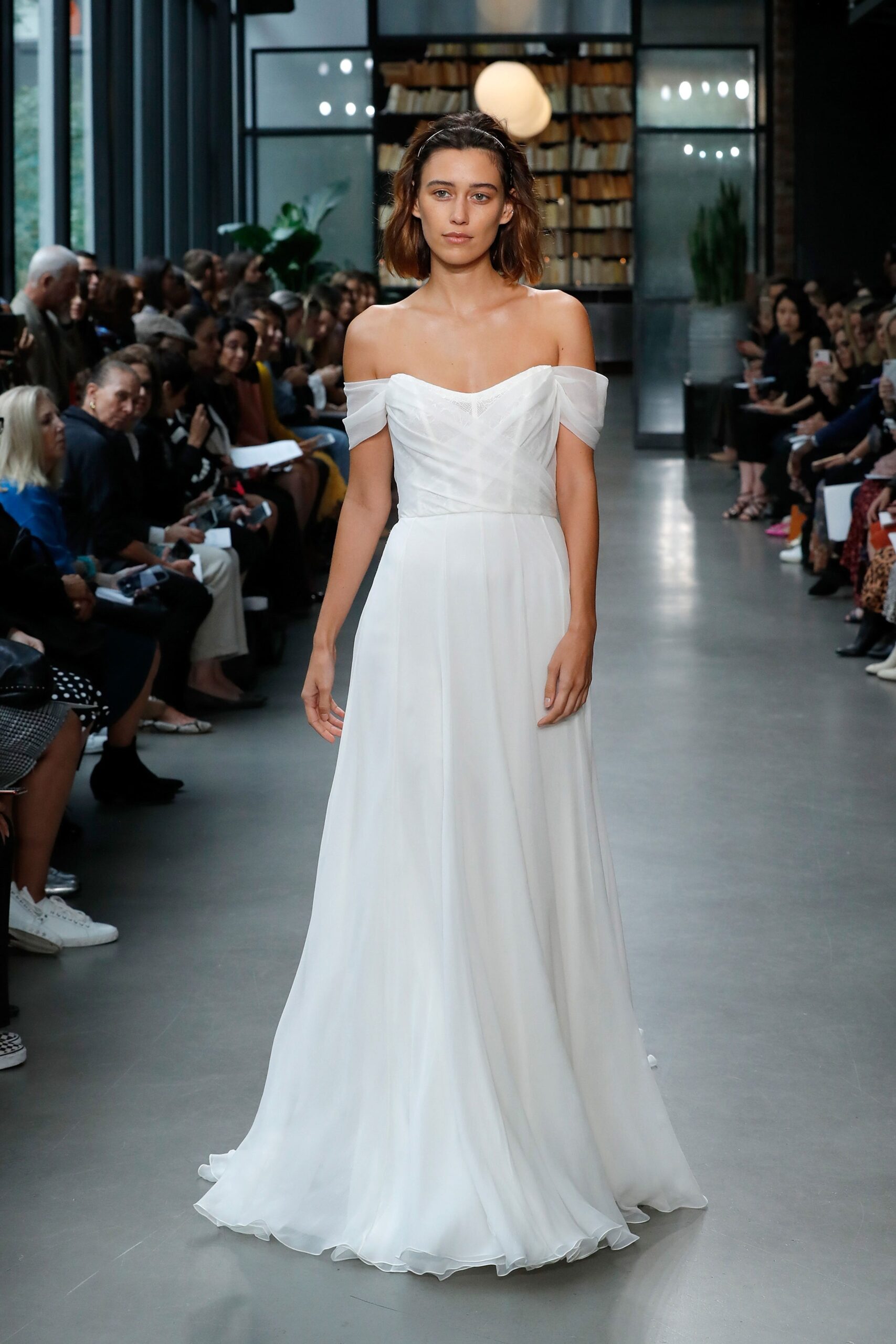 white silk off-shoulder gown