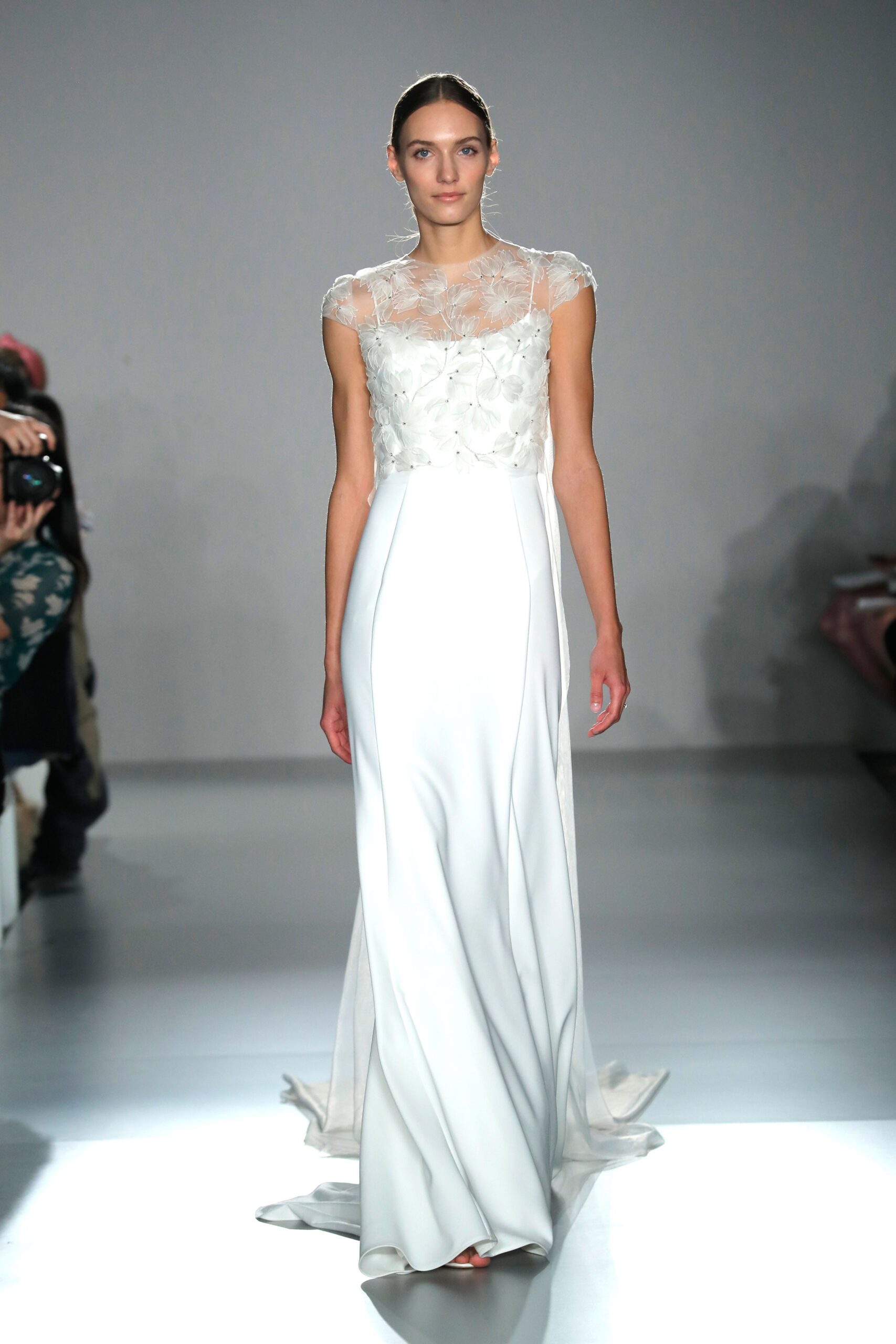 white silk embroidered gown