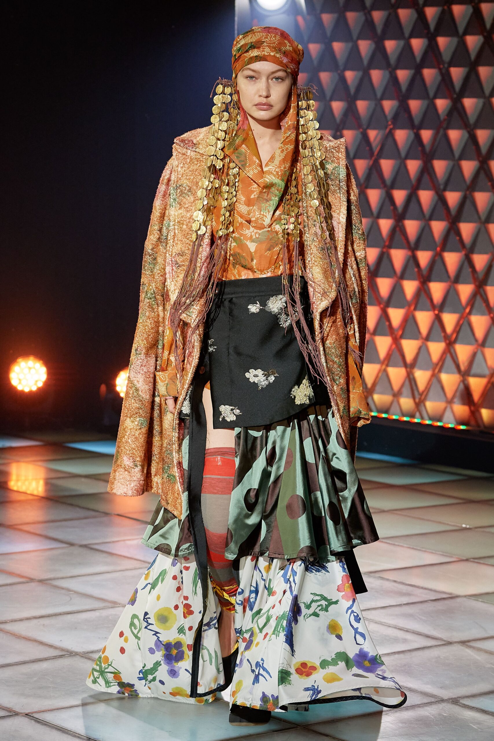 colorful layered coat with flared skirt