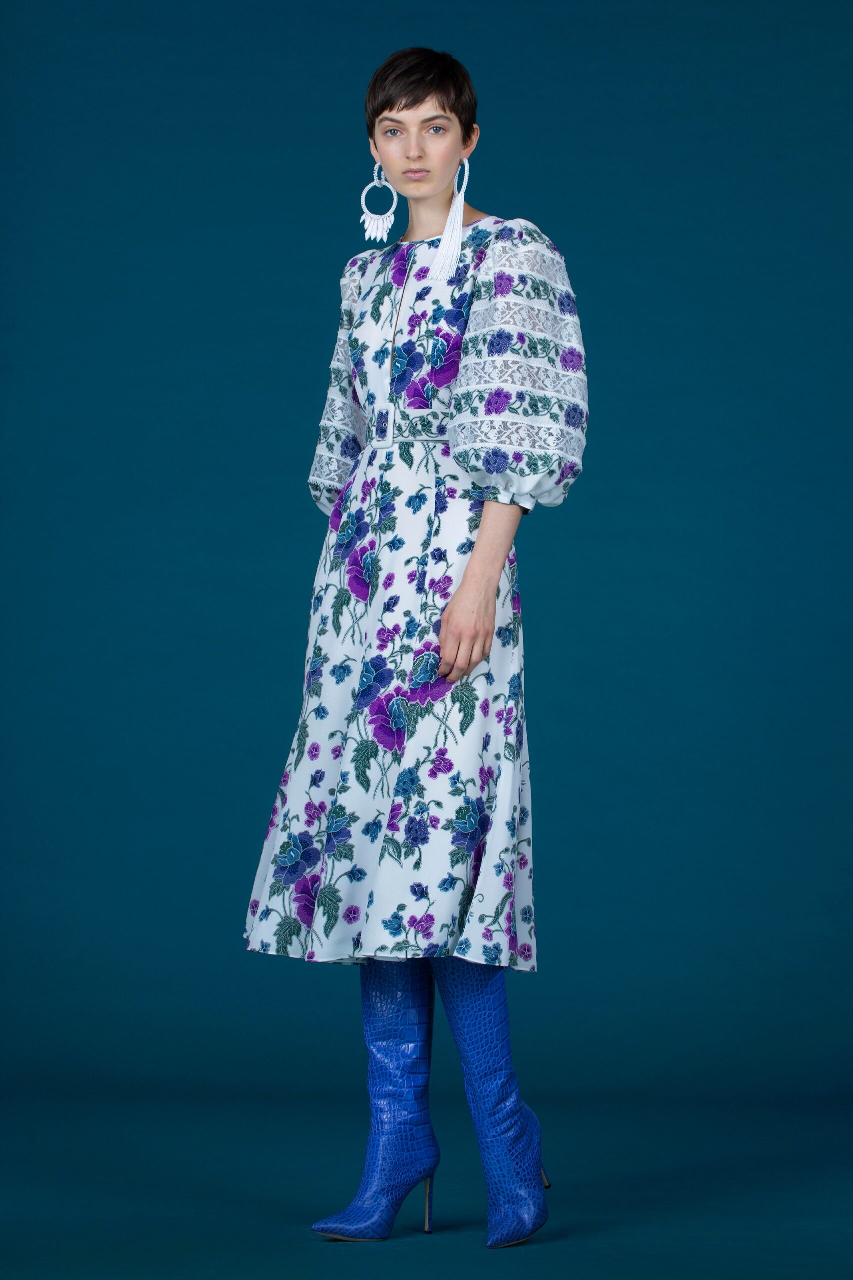 floral midi dress with blue boots