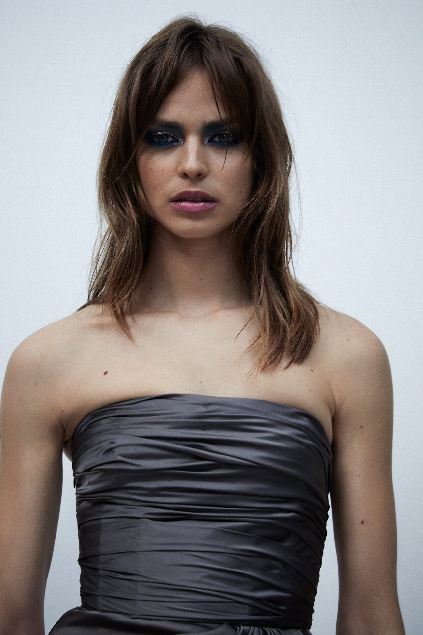 gray silk strapless gown