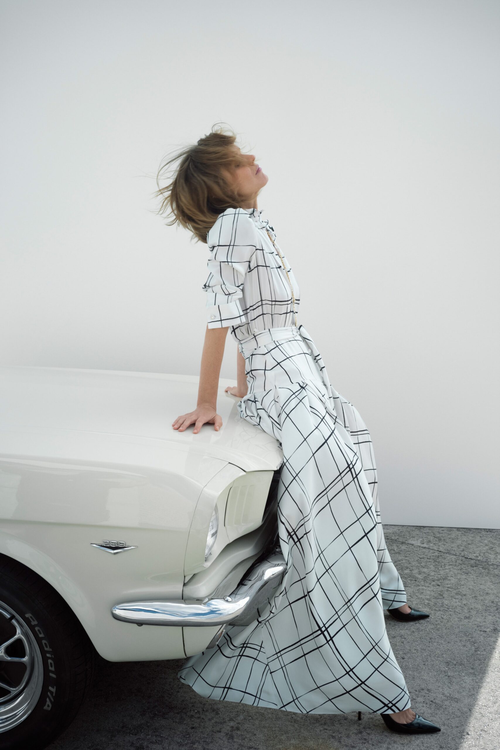white and black checked maxi dress