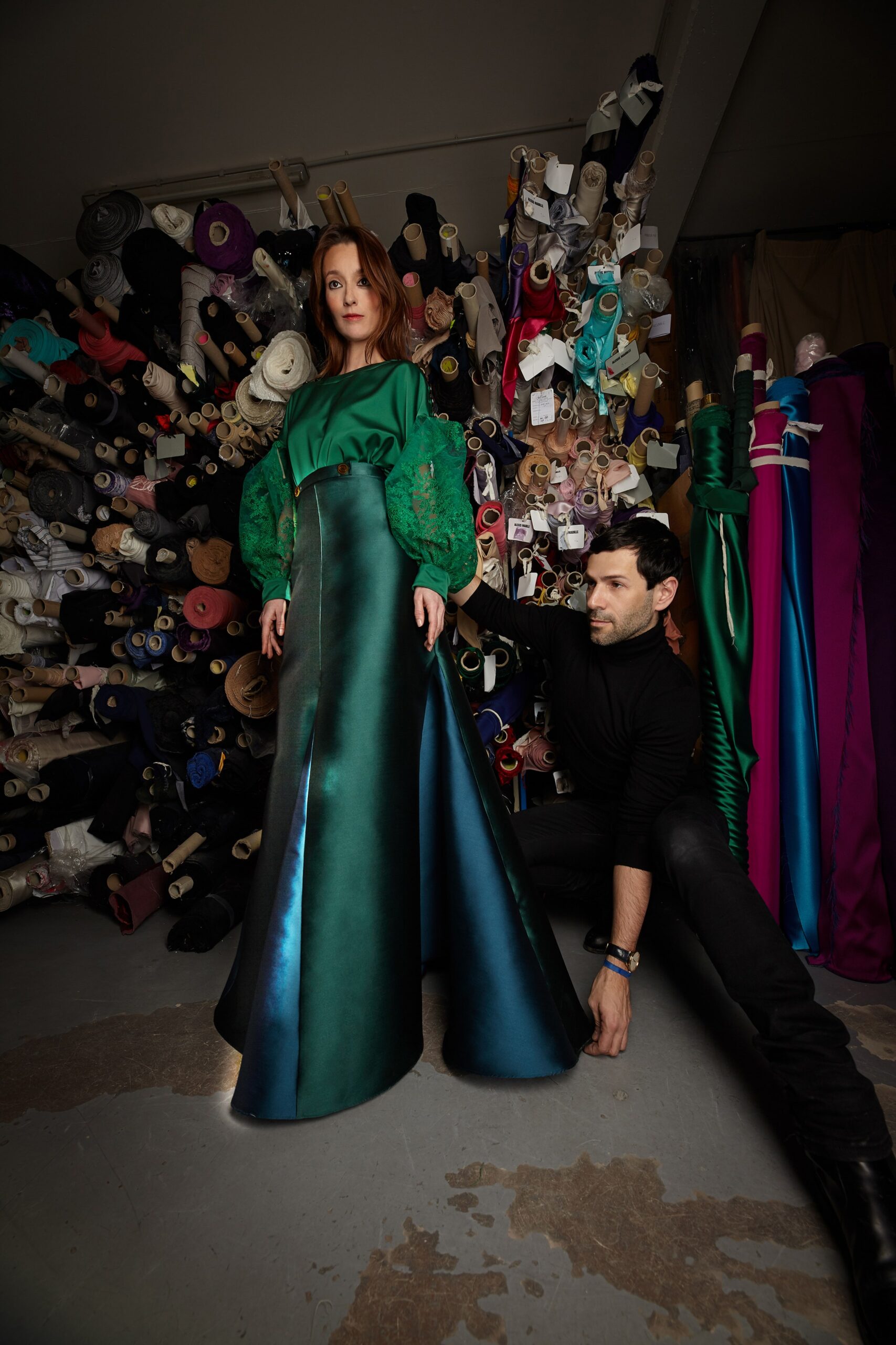 green silk top with ruffles and blue satin skirt