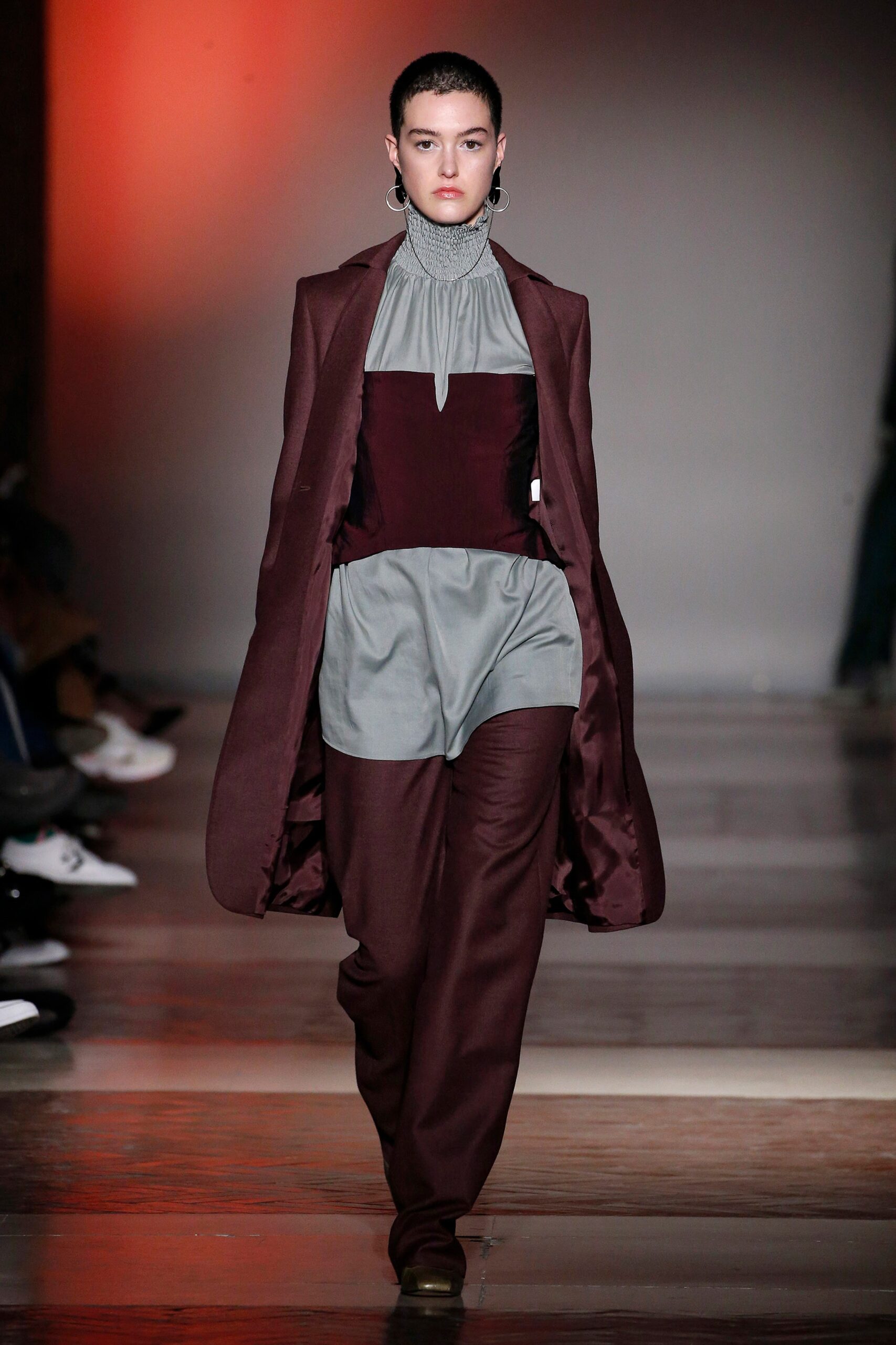 brown wool coat with gray top