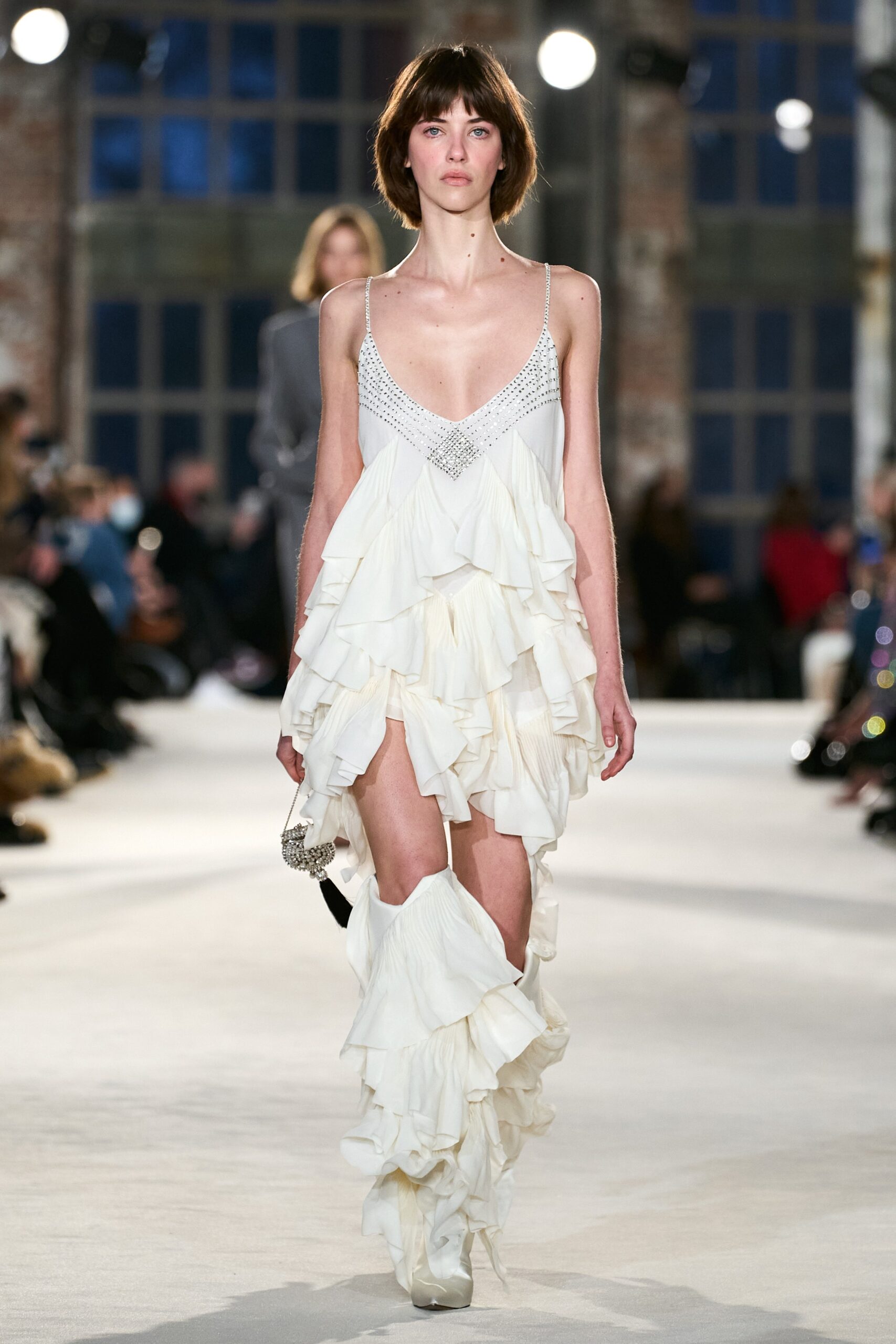 white ruffled silk mini dress