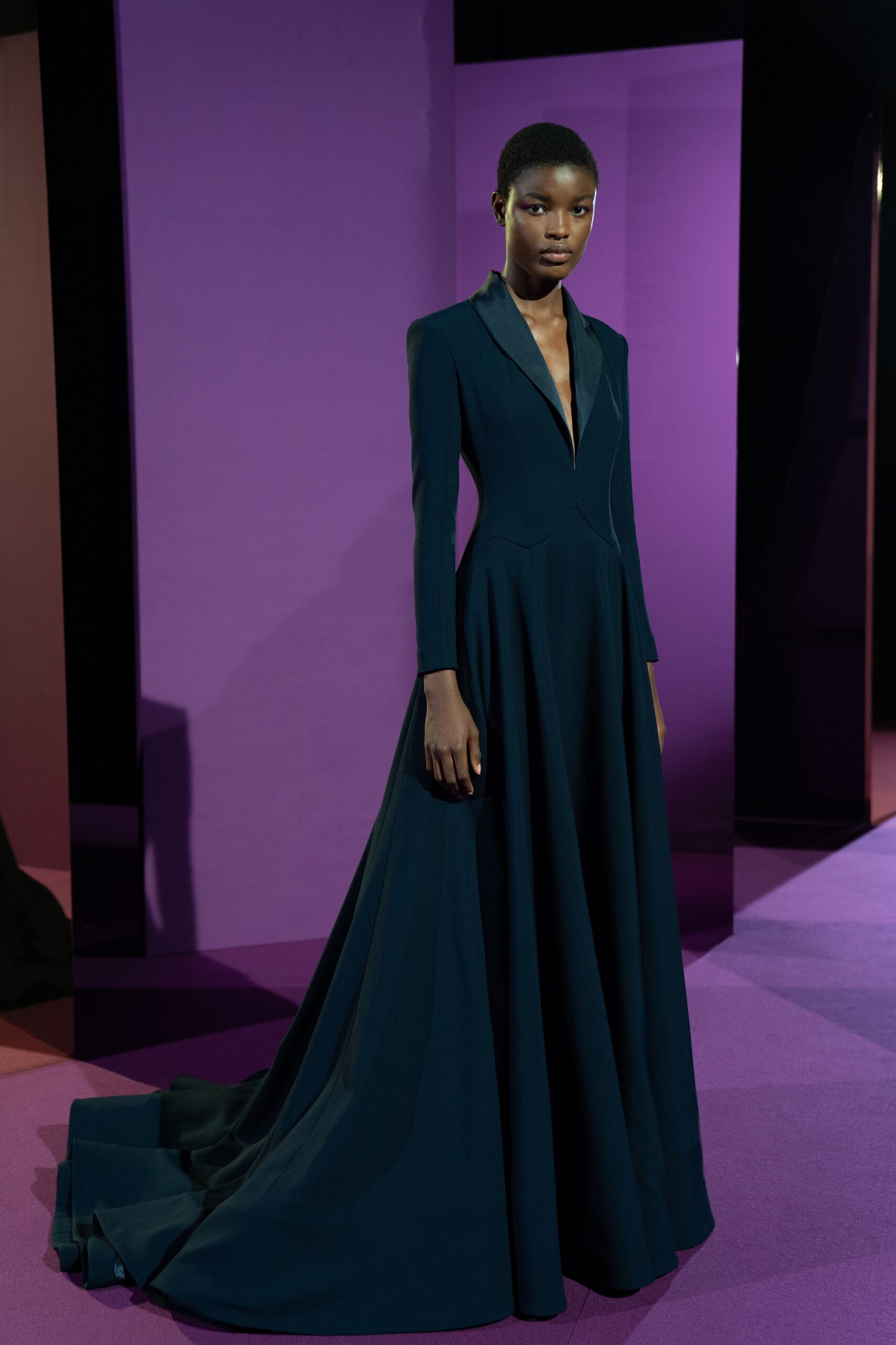 blue silk fitted gown