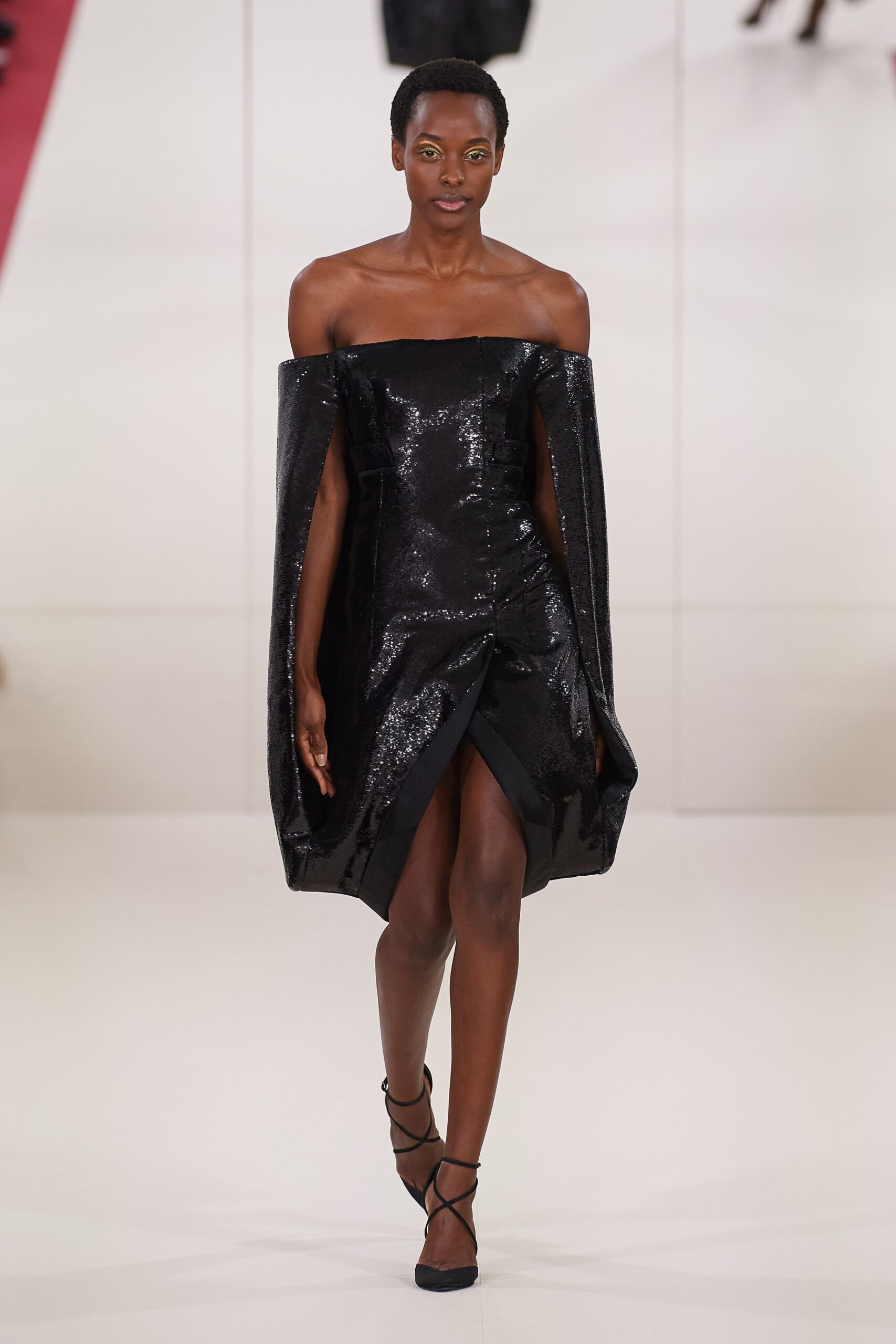 black silk off-shoulder dress