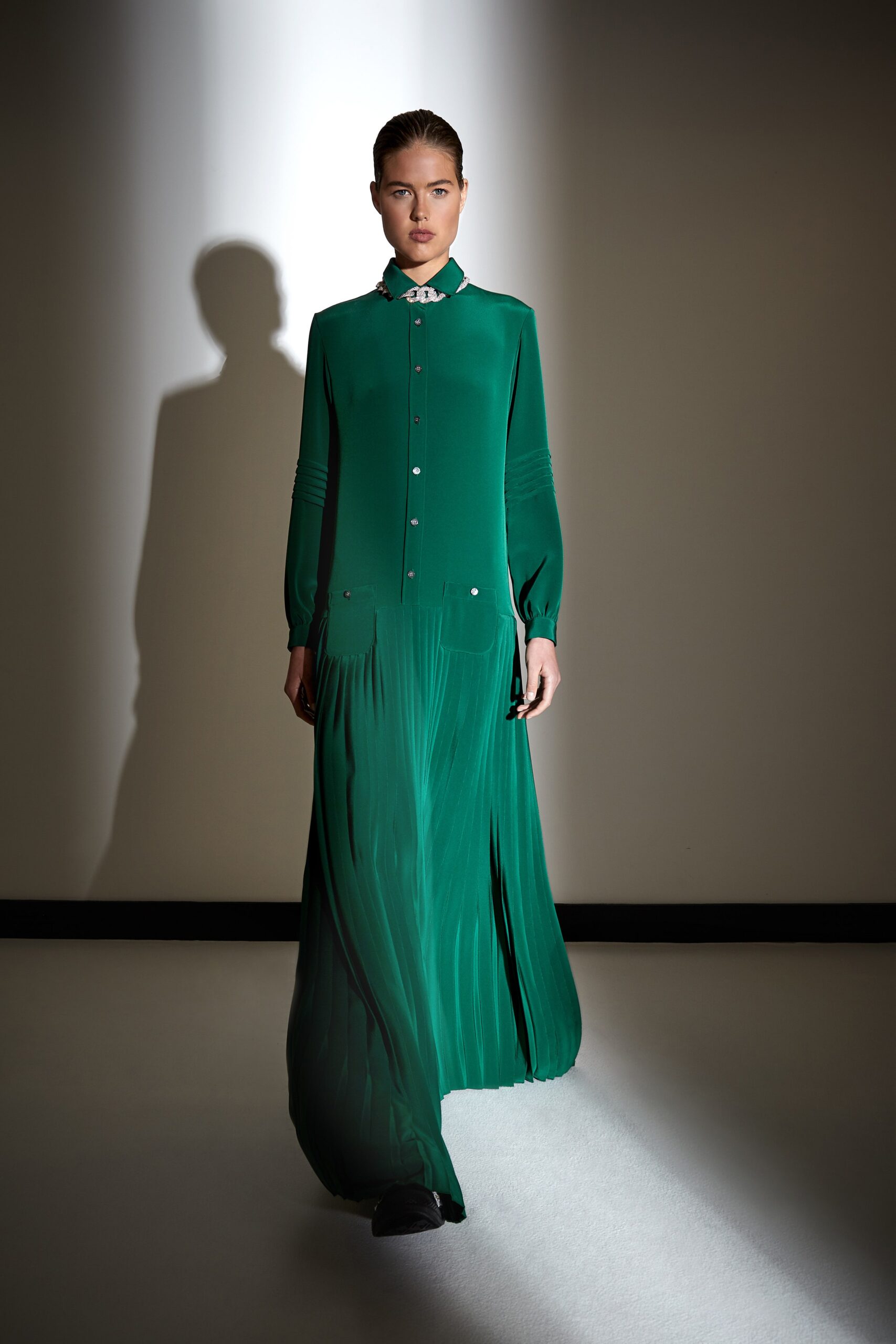 green silk pleated maxi dress