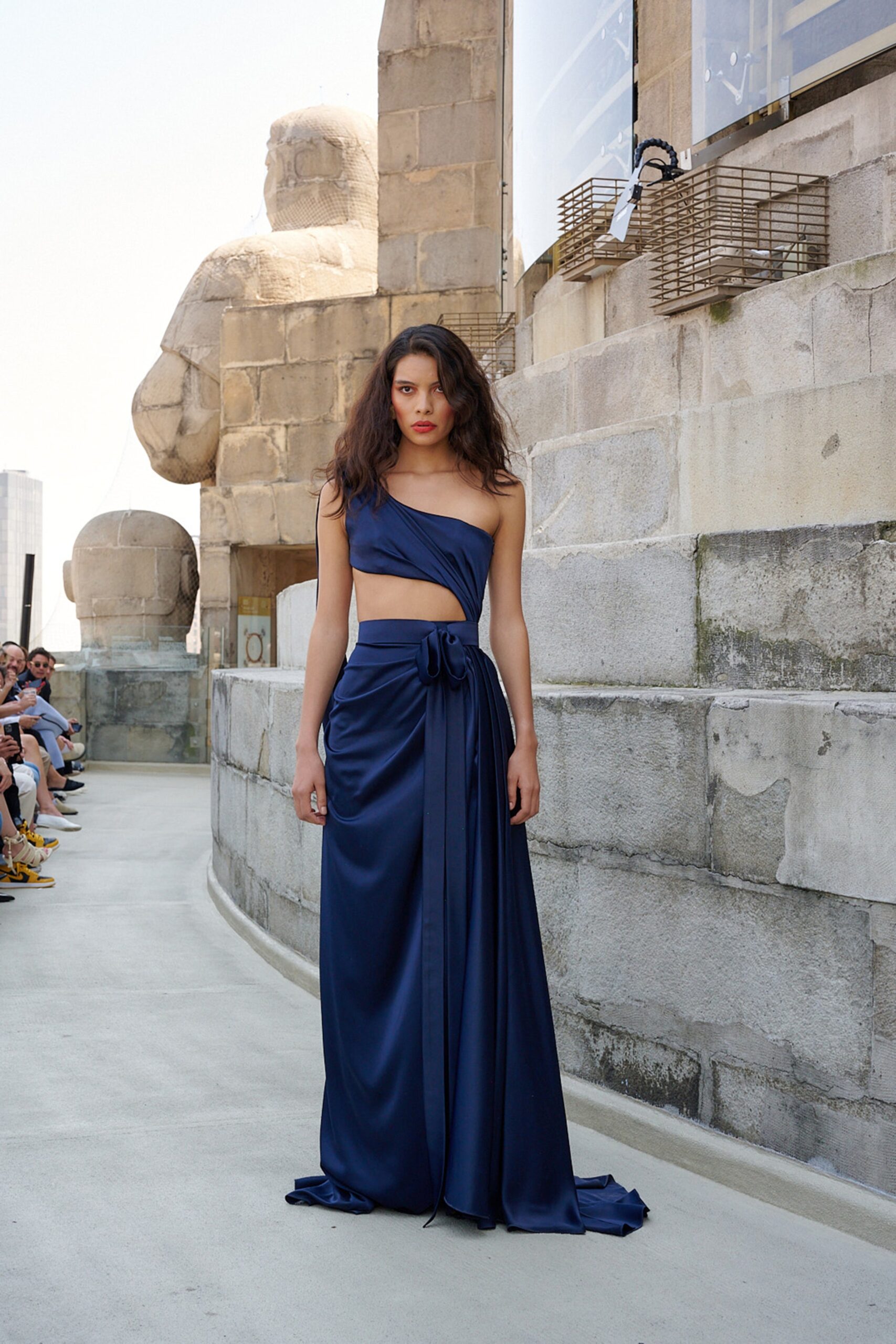 blue silk sleeveless gown