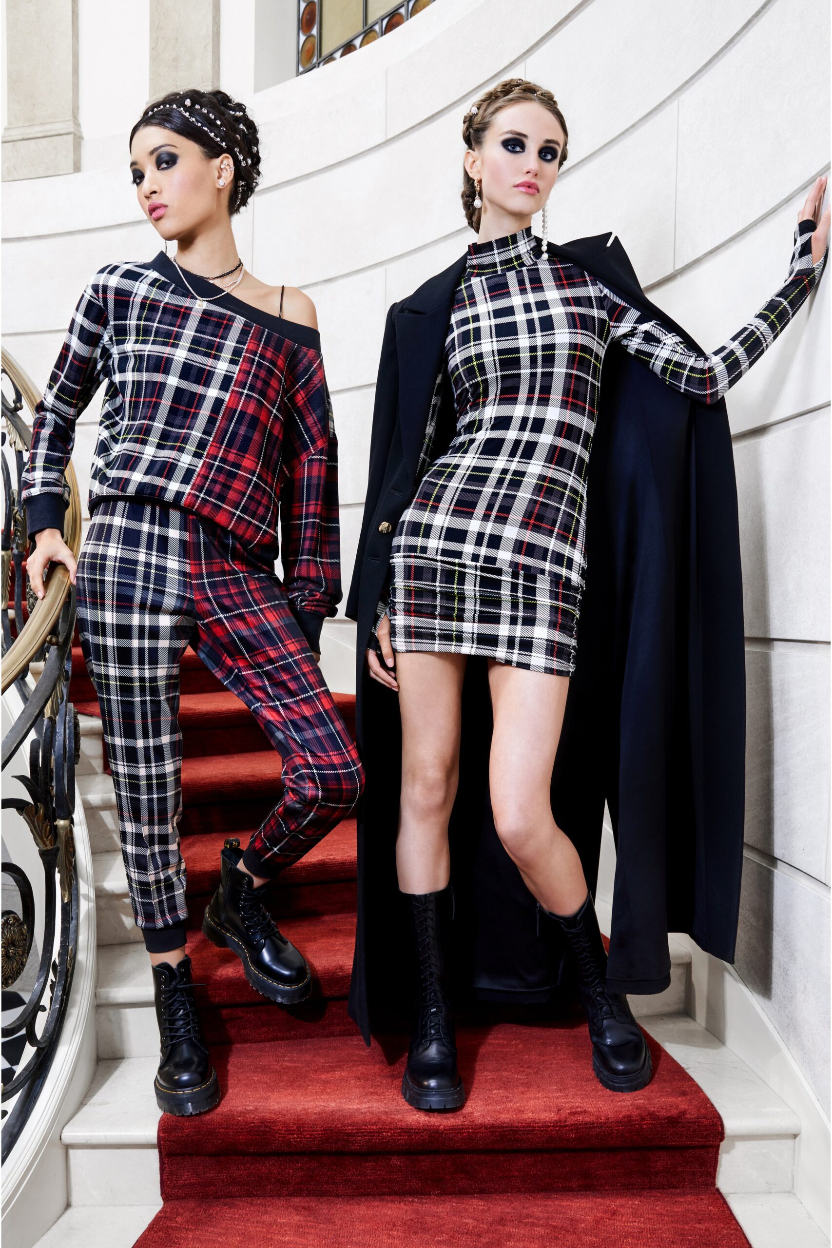 red relaxed checked zippered pants