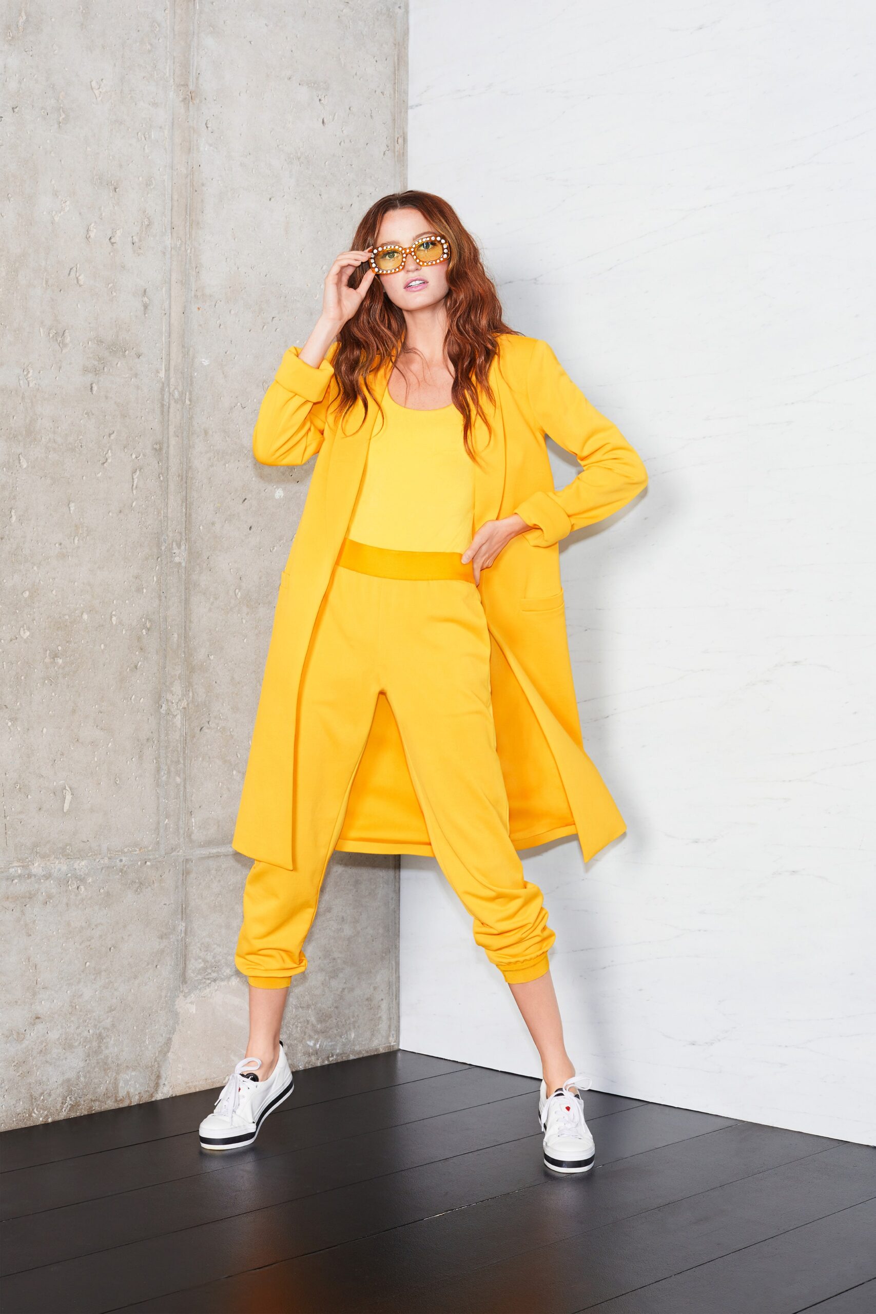 yellow cotton long-sleeve collared relaxed buttoned coat