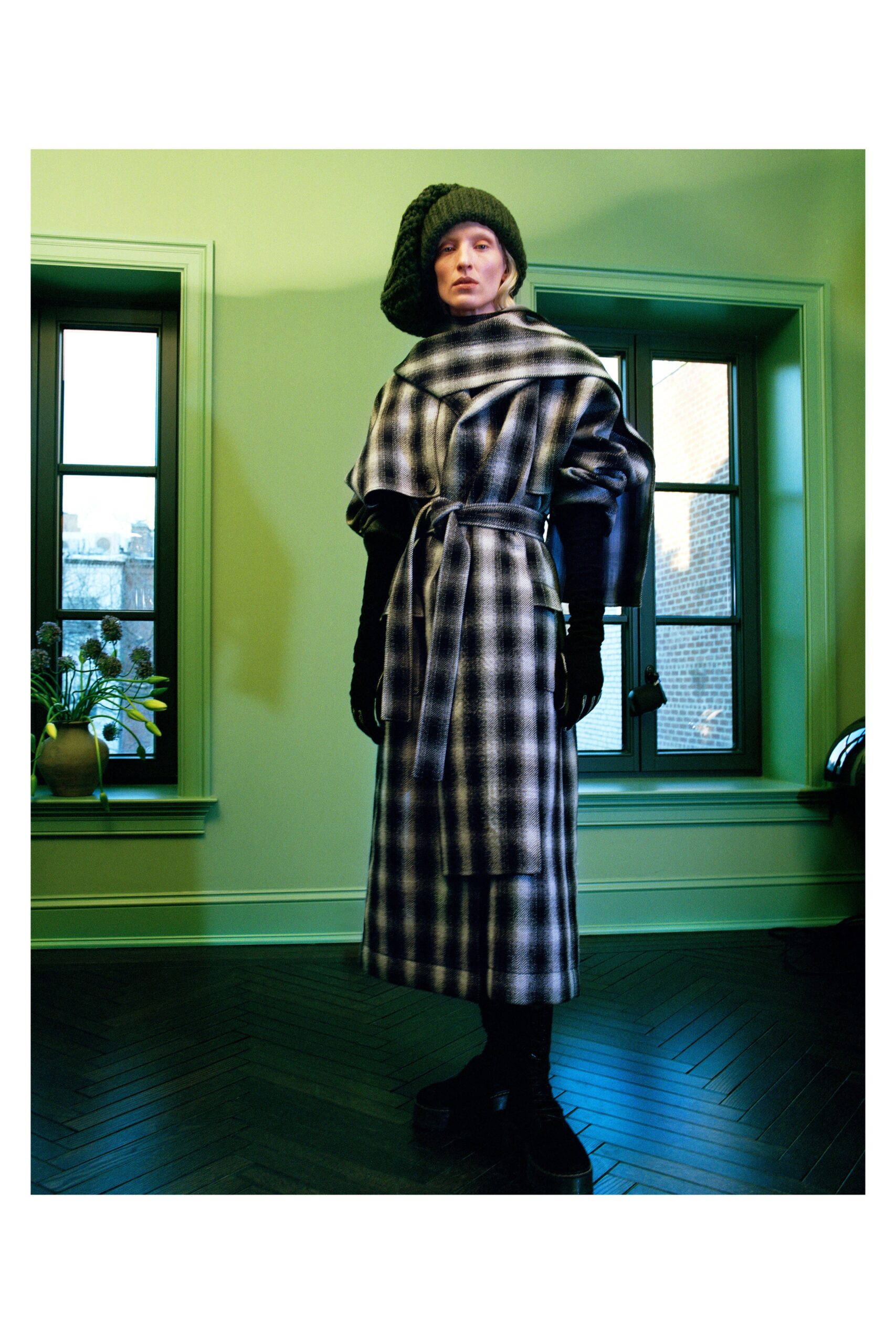 relaxed black and white checked coat