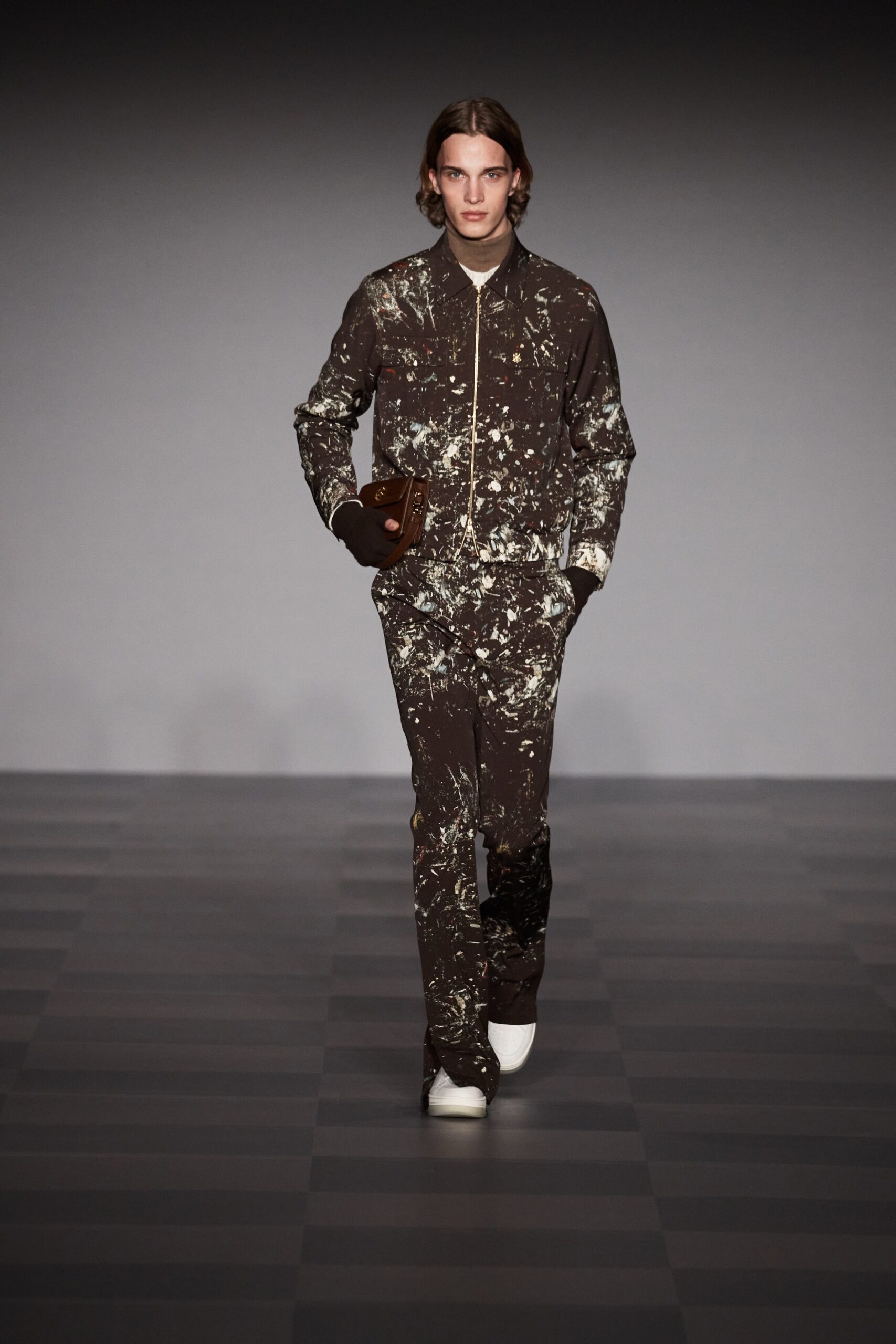 brown cotton long-sleeve collared fitted zippered printed jacket