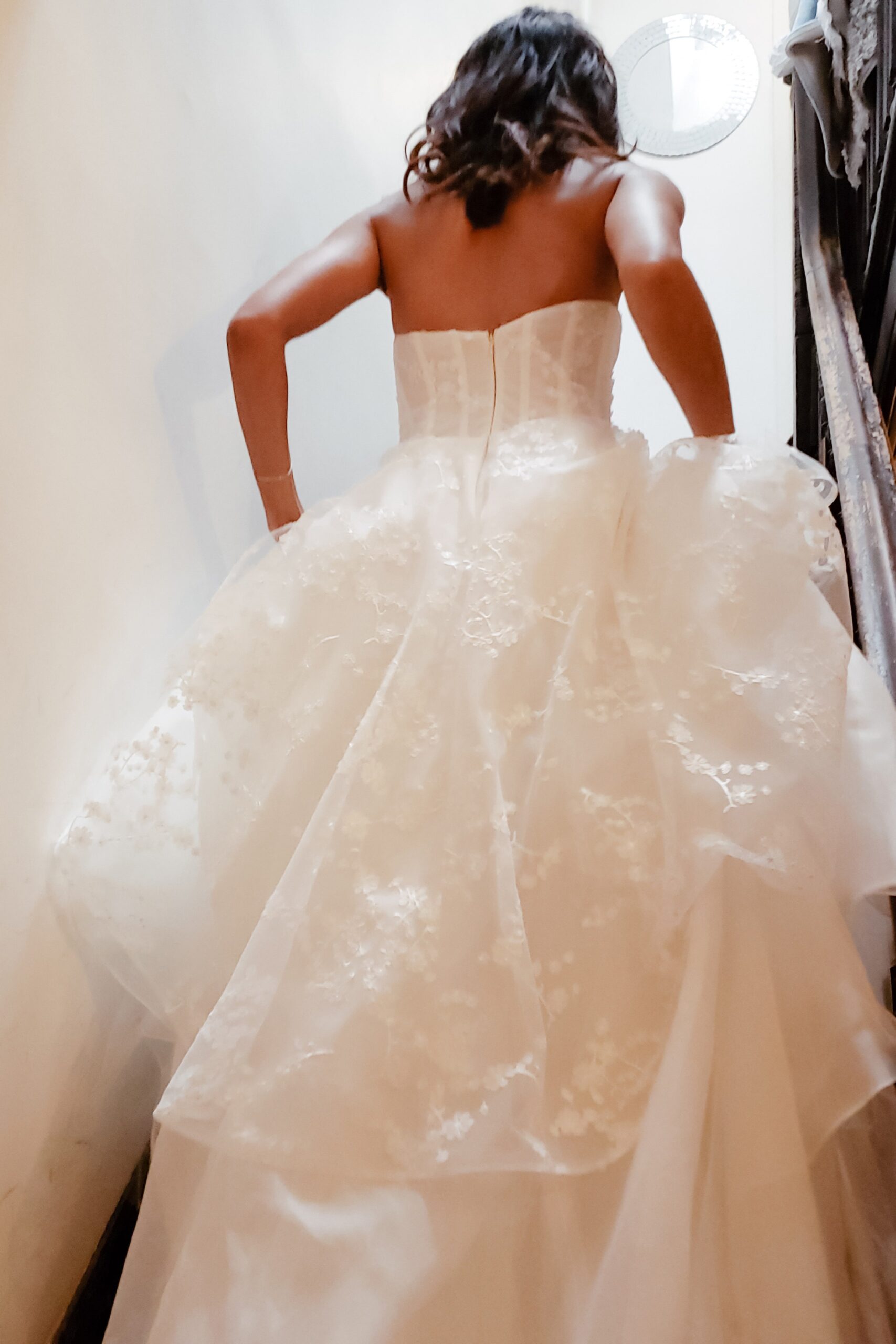 white strapless embroidered gown