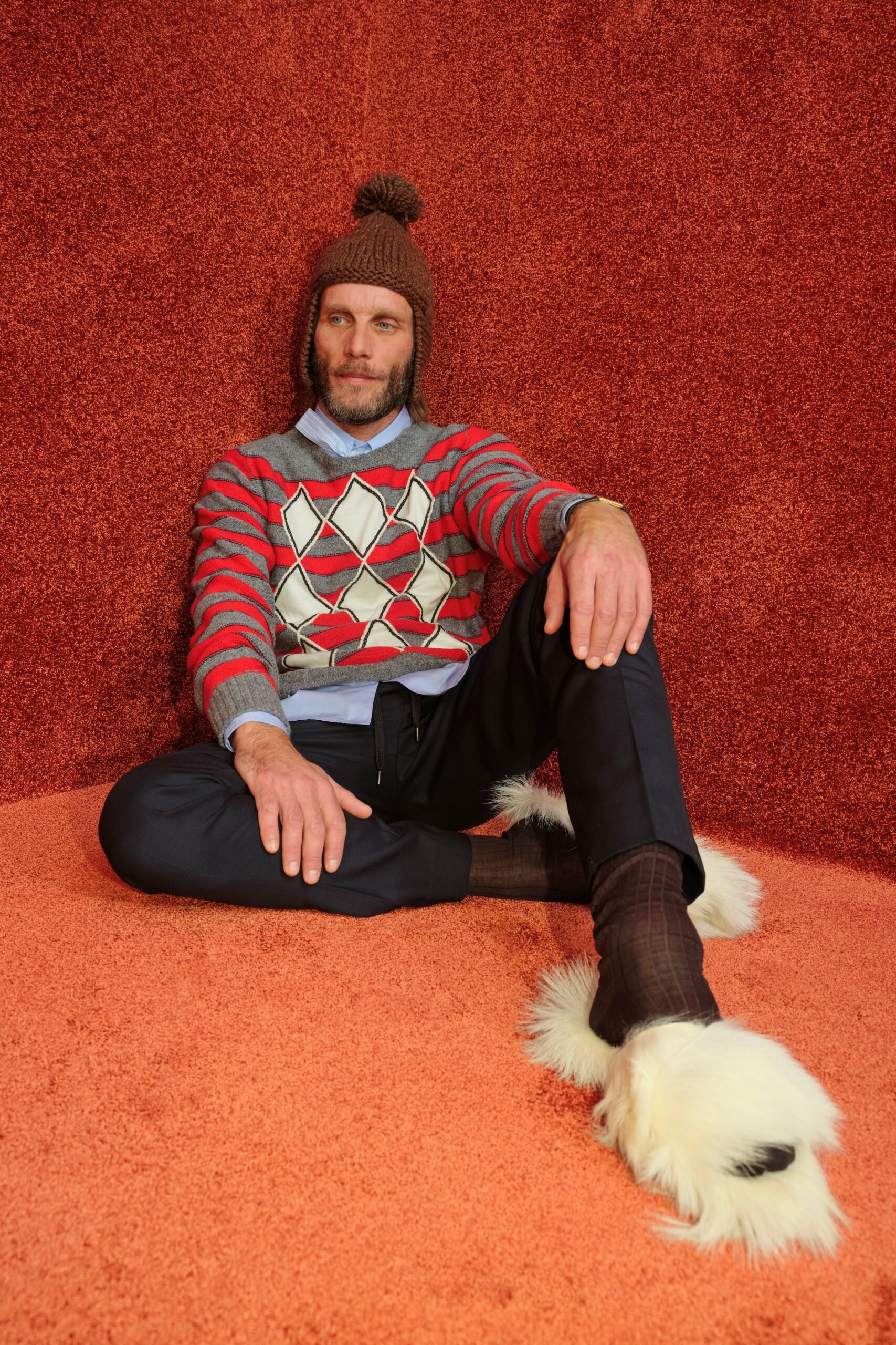 red wool long-sleeve collared relaxed printed sweater