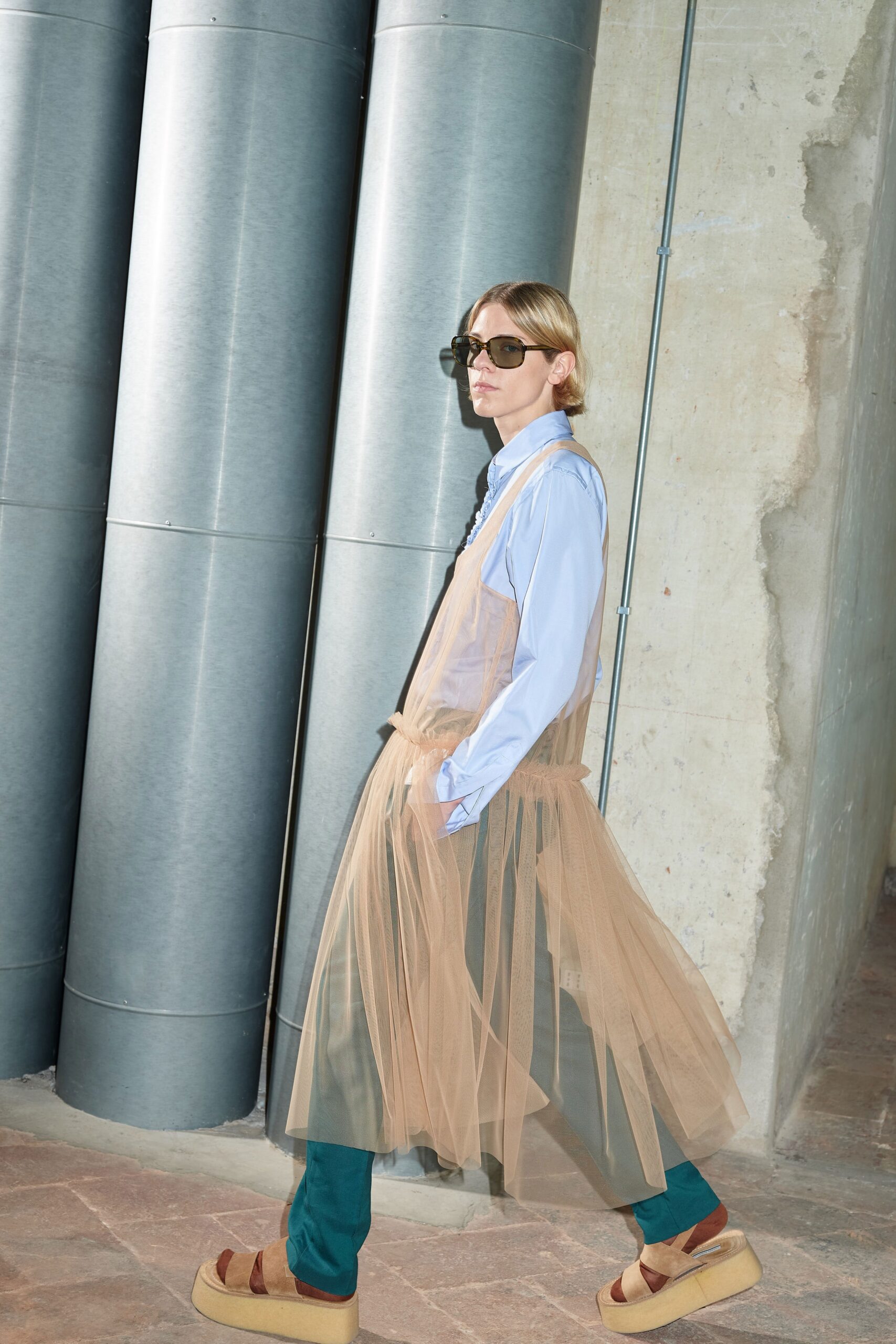 beige tulle layered dress