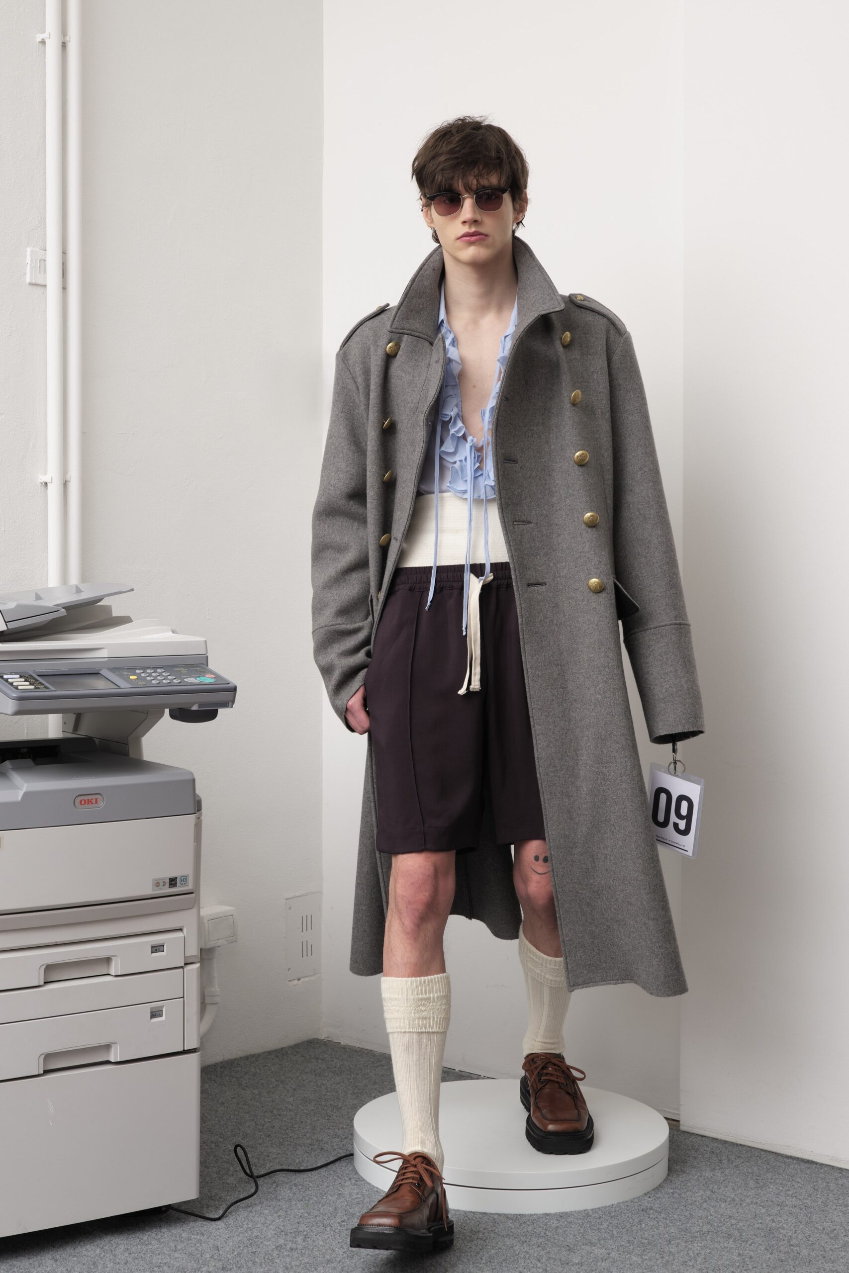 gray wool coat with blue shirt
