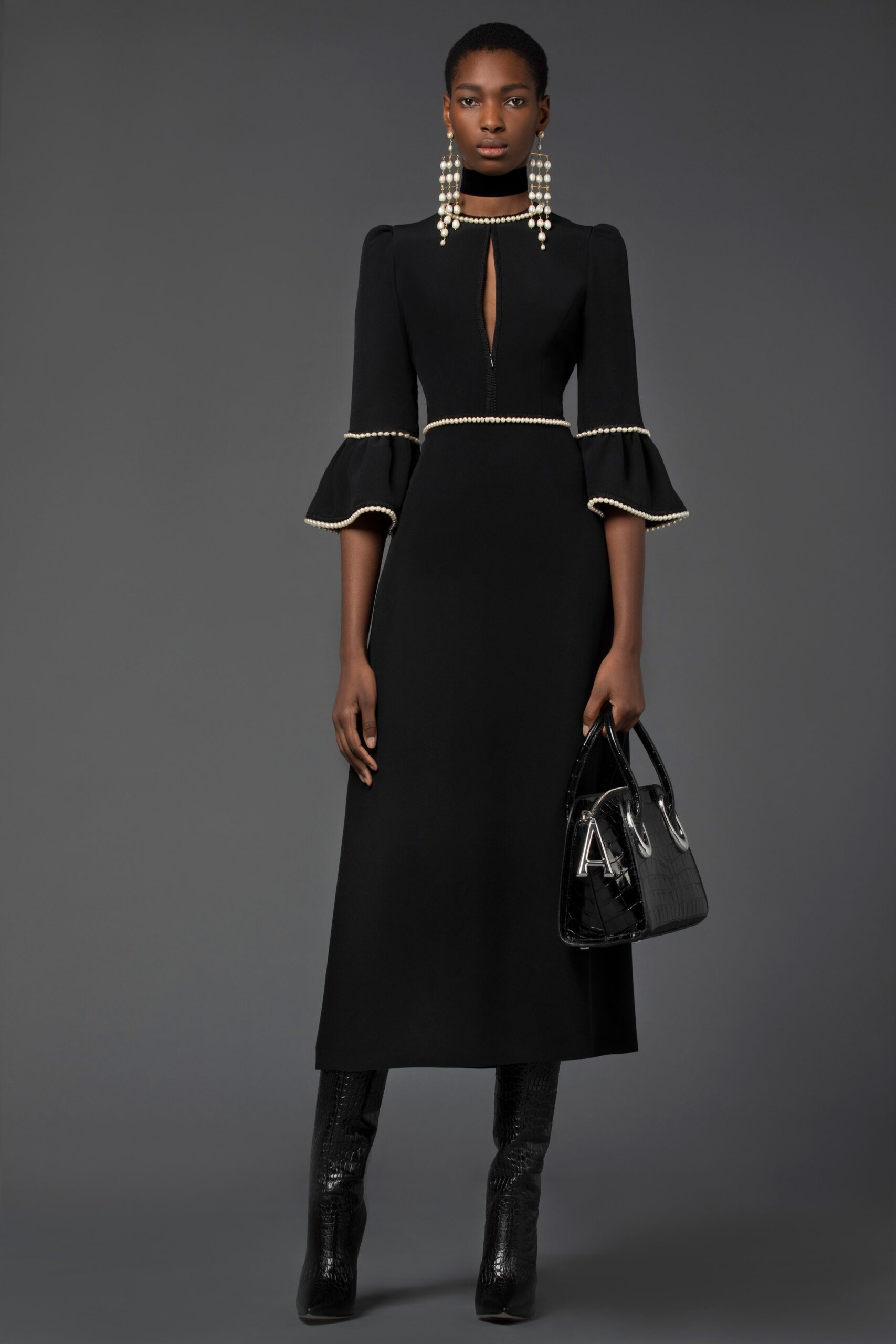 black wool long-sleeve high-neck fitted flared zippered dress