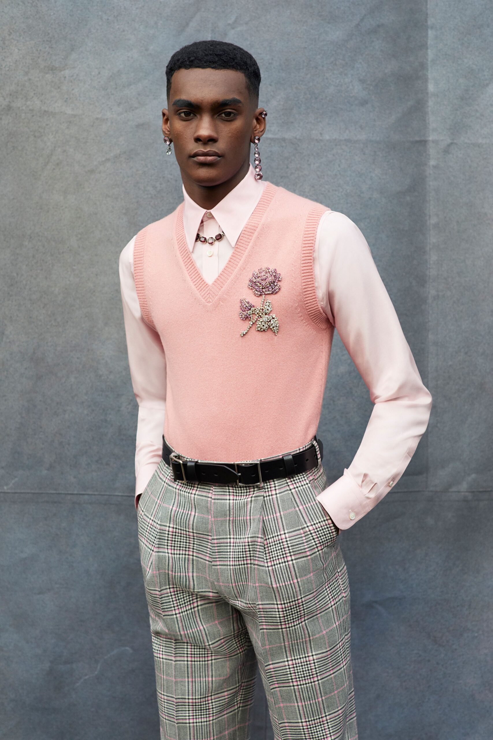 pink sweater white shirt tailored pants
