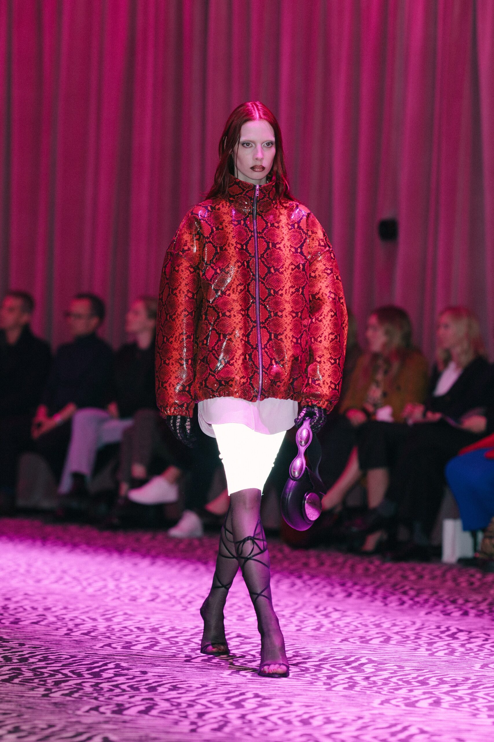 red vinyl long-sleeve collared oversized printed jacket
