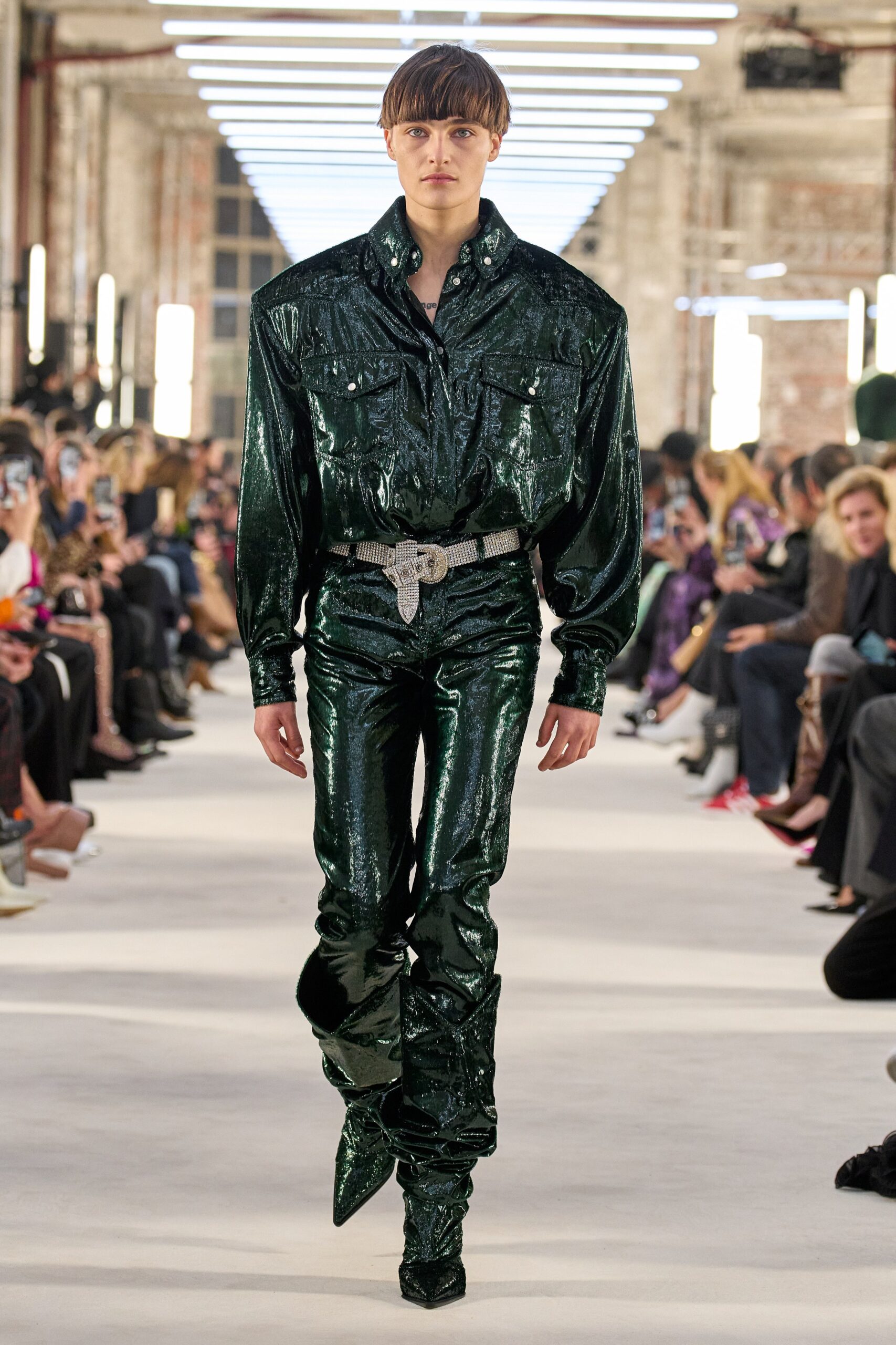 green vinyl long-sleeve collared fitted buttoned shiny shirt