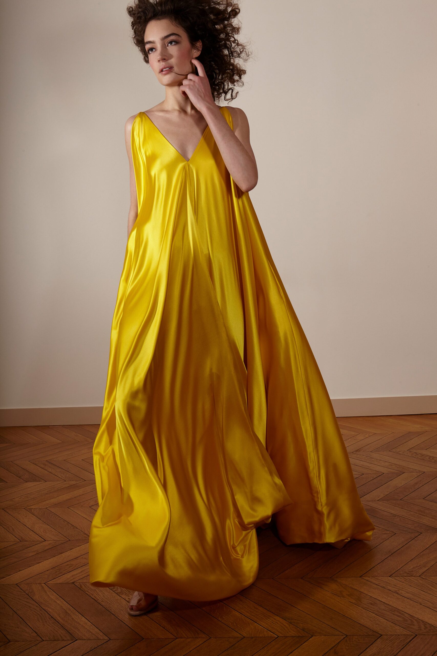 yellow silk sleeveless gown