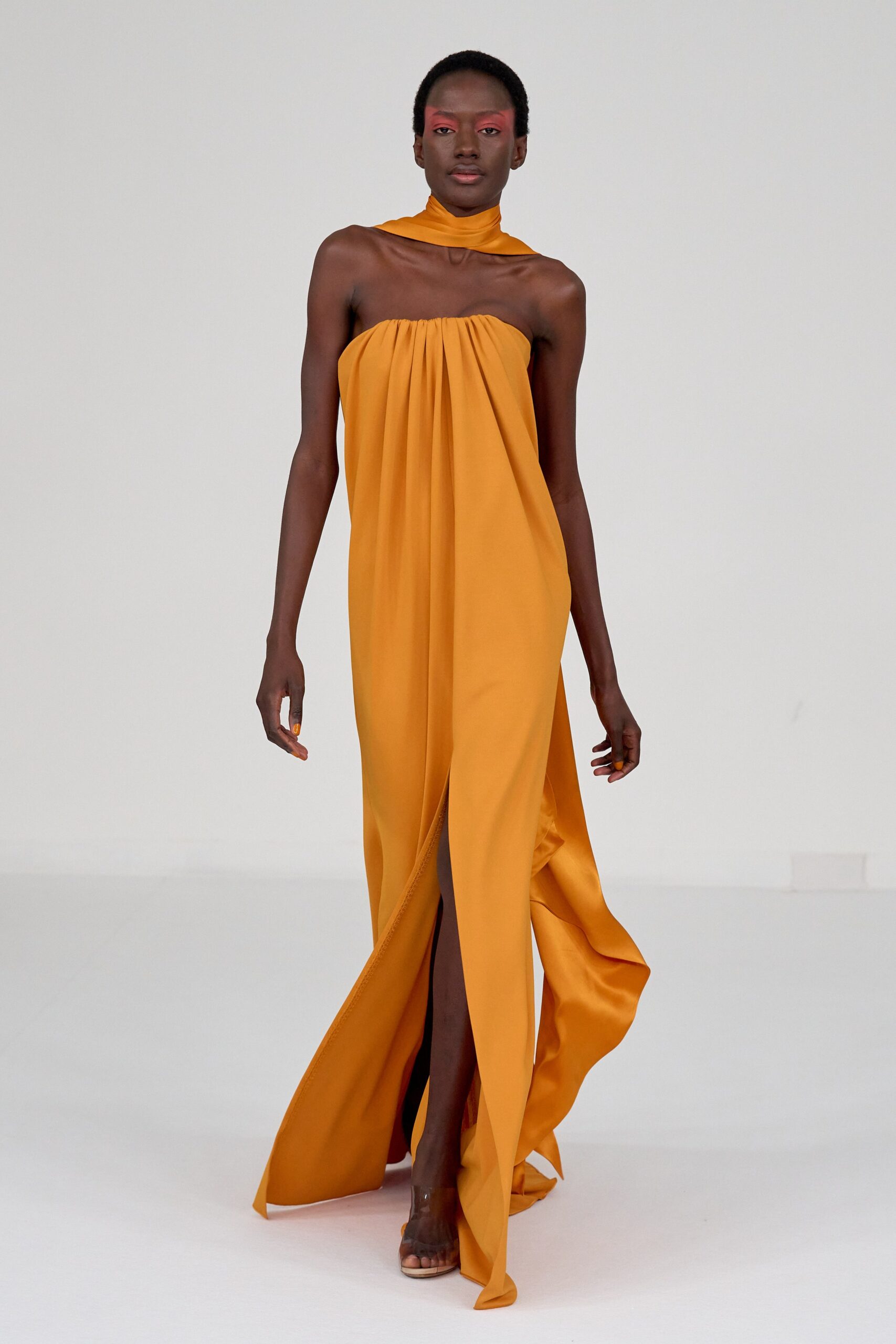orange silk sleeveless gown