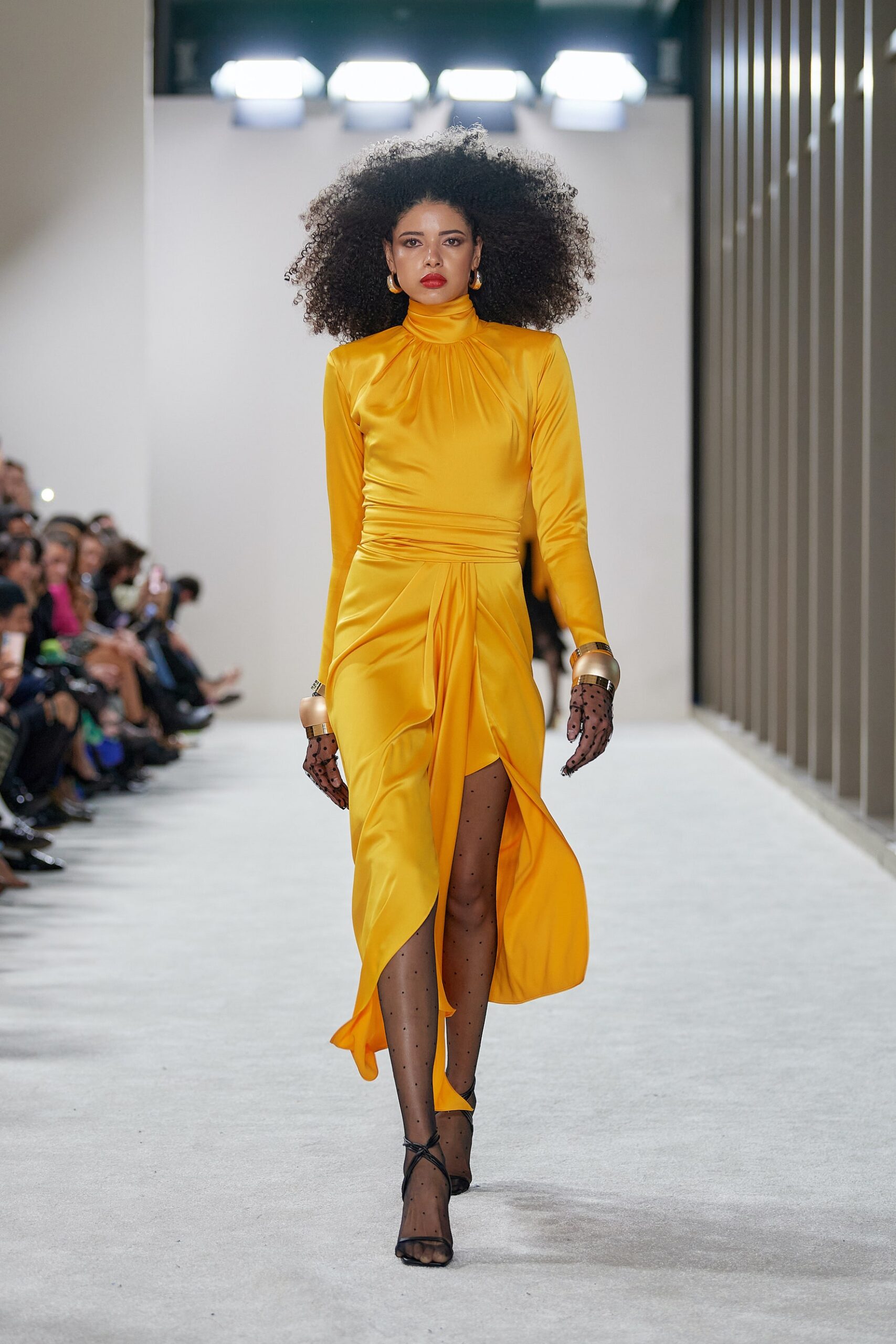 fitted yellow silk midi dress