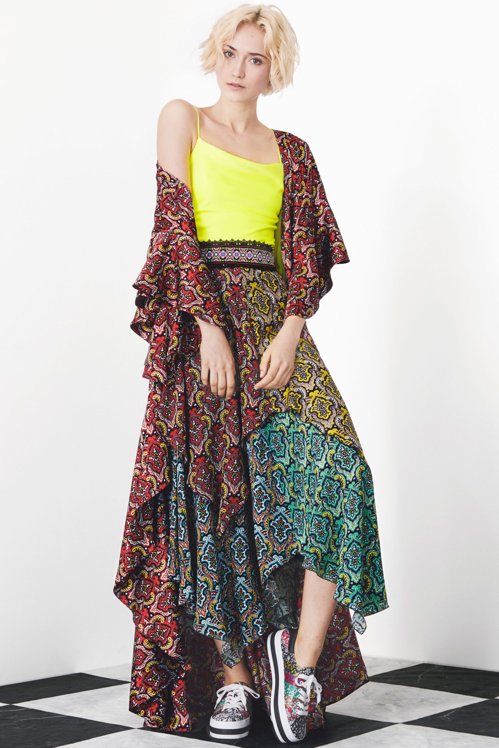 yellow fitted top with multi-tiered dress