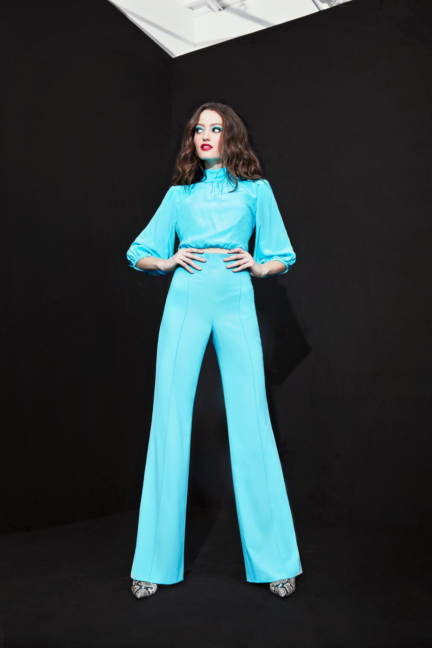 blue silk fitted jumpsuit
