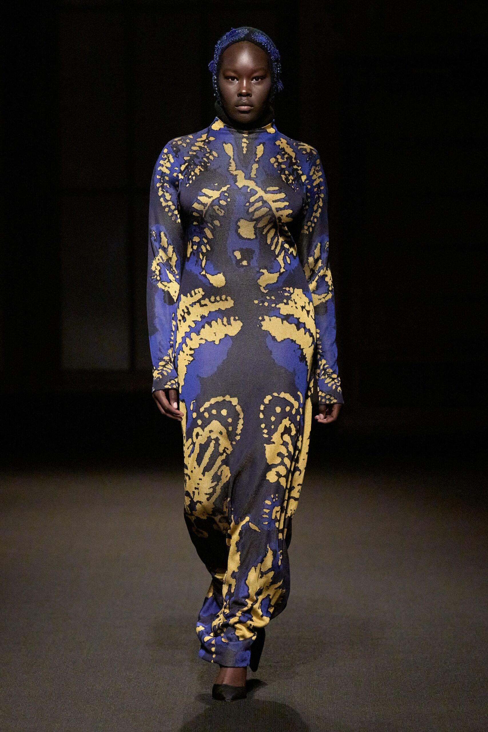 blue and yellow printed maxi dress