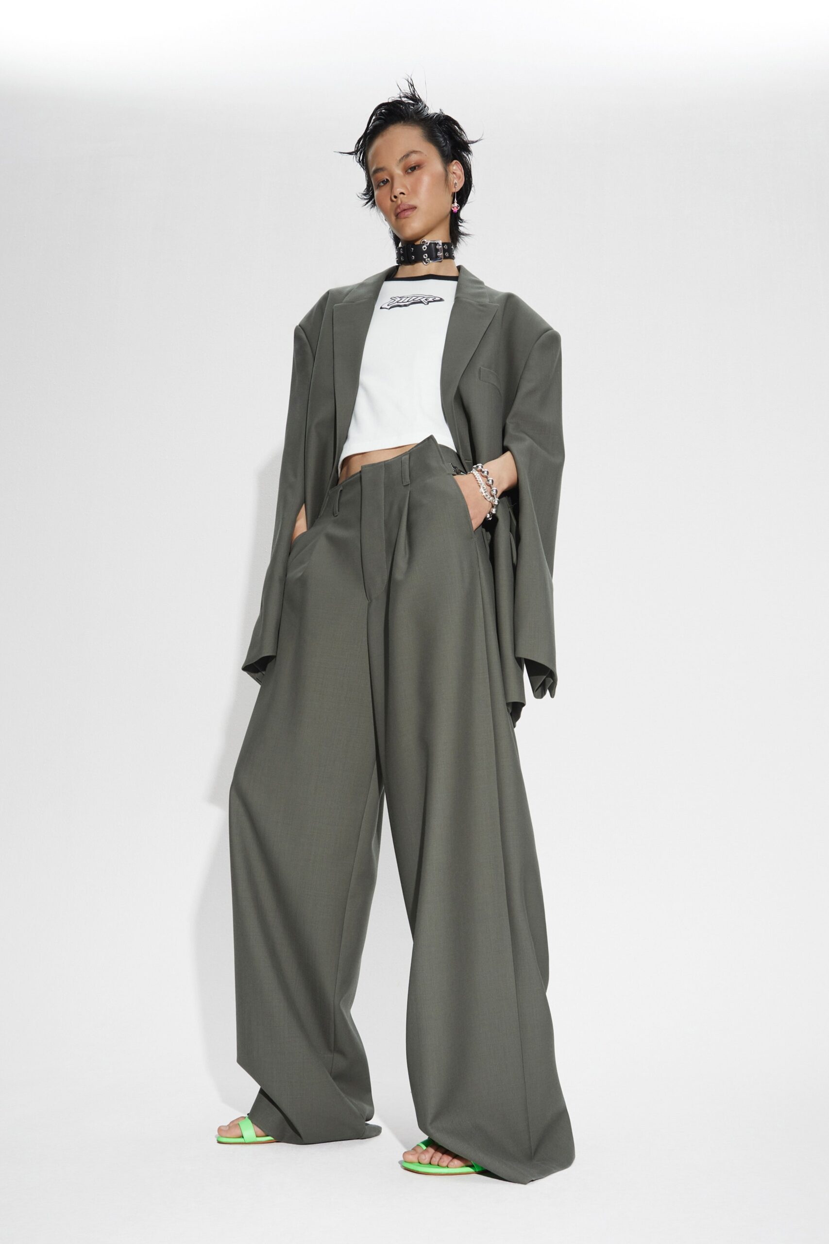 oversized gray blazer with cropped top