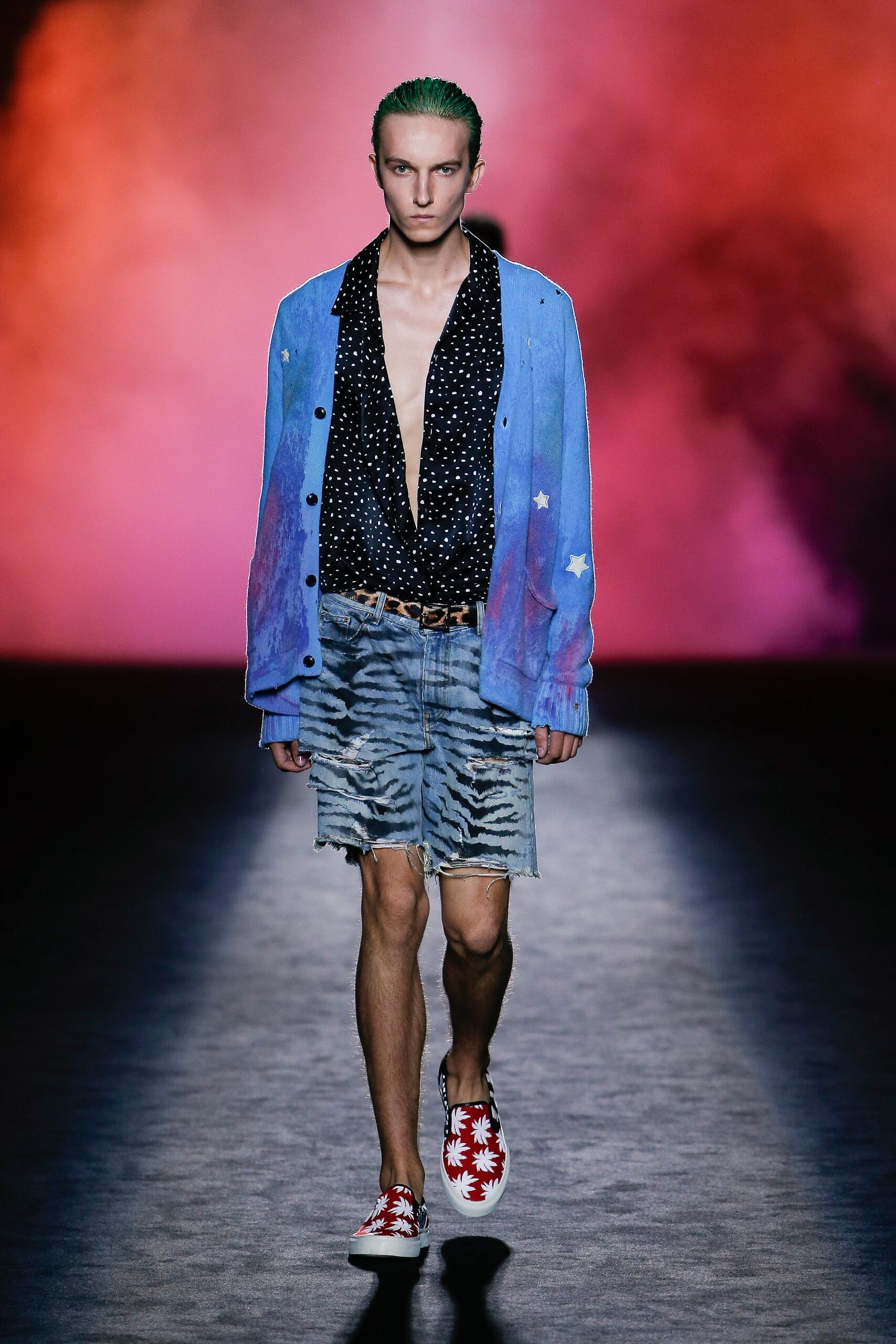blue denim jacket with black polka-dot shirt