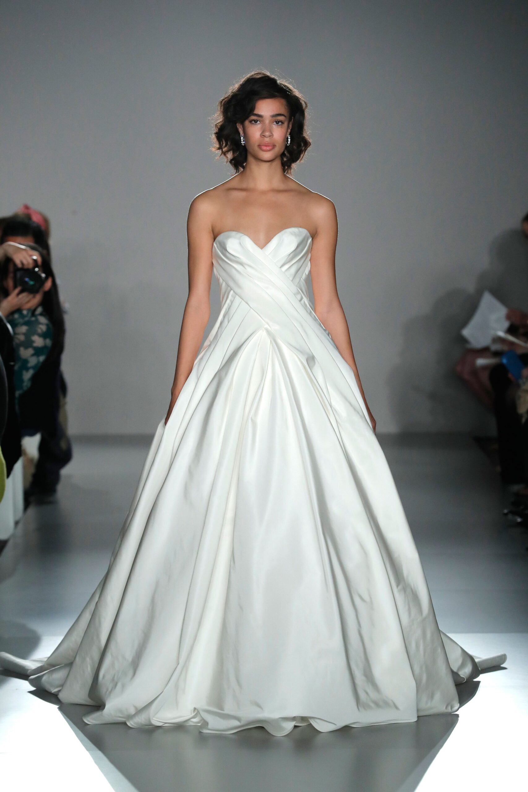 white silk strapless gown