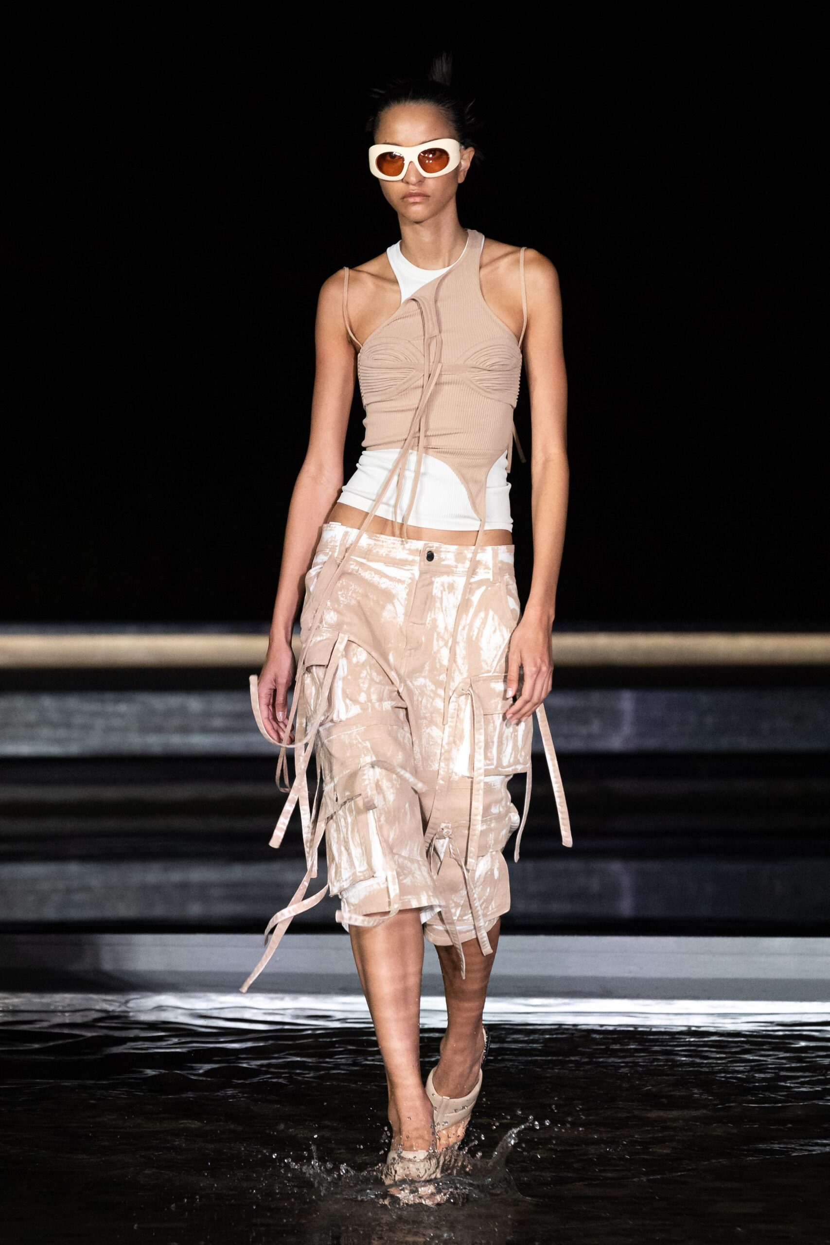 beige fitted top and relaxed pants