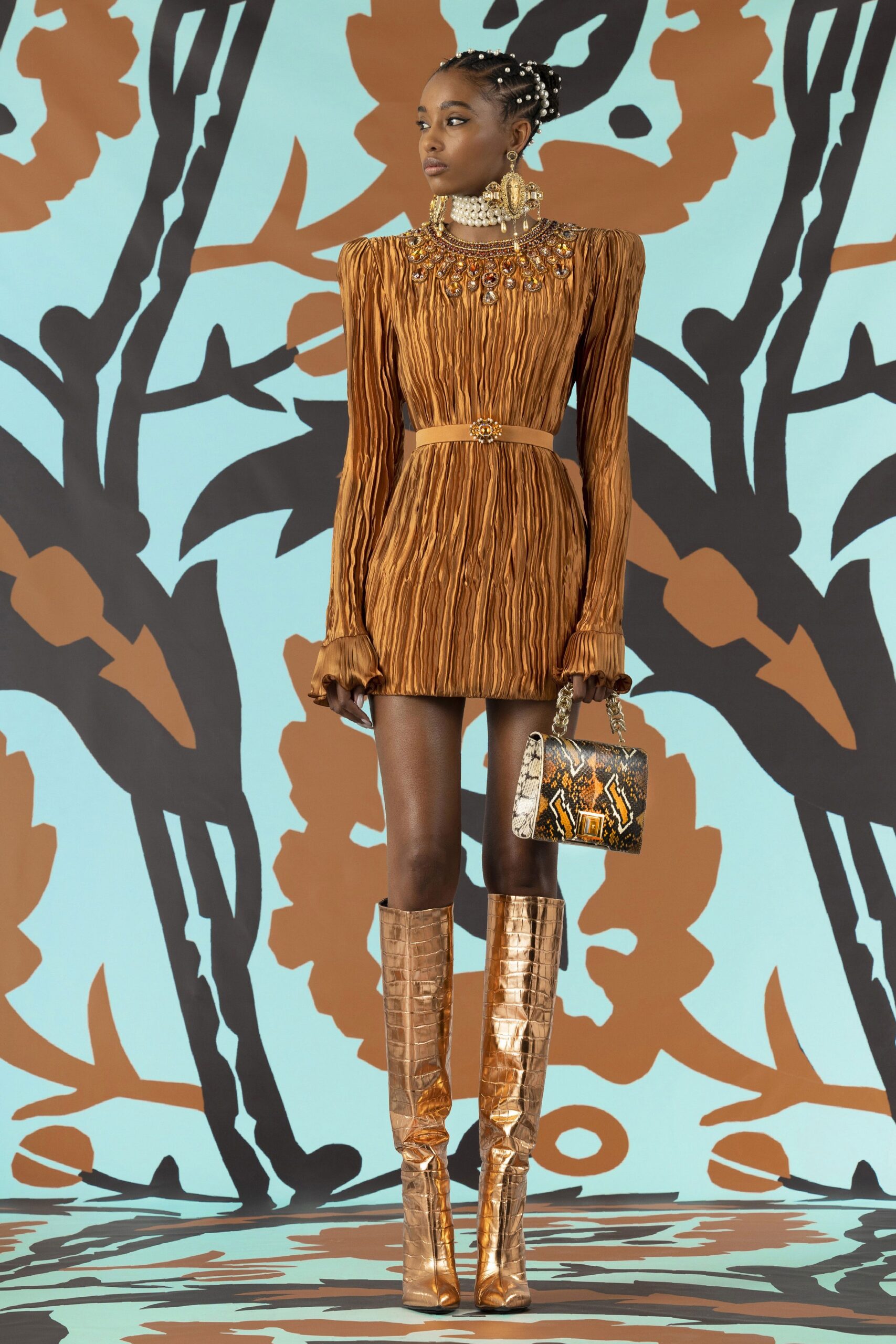 orange silk long-sleeve high-neck fitted pleated belted dress