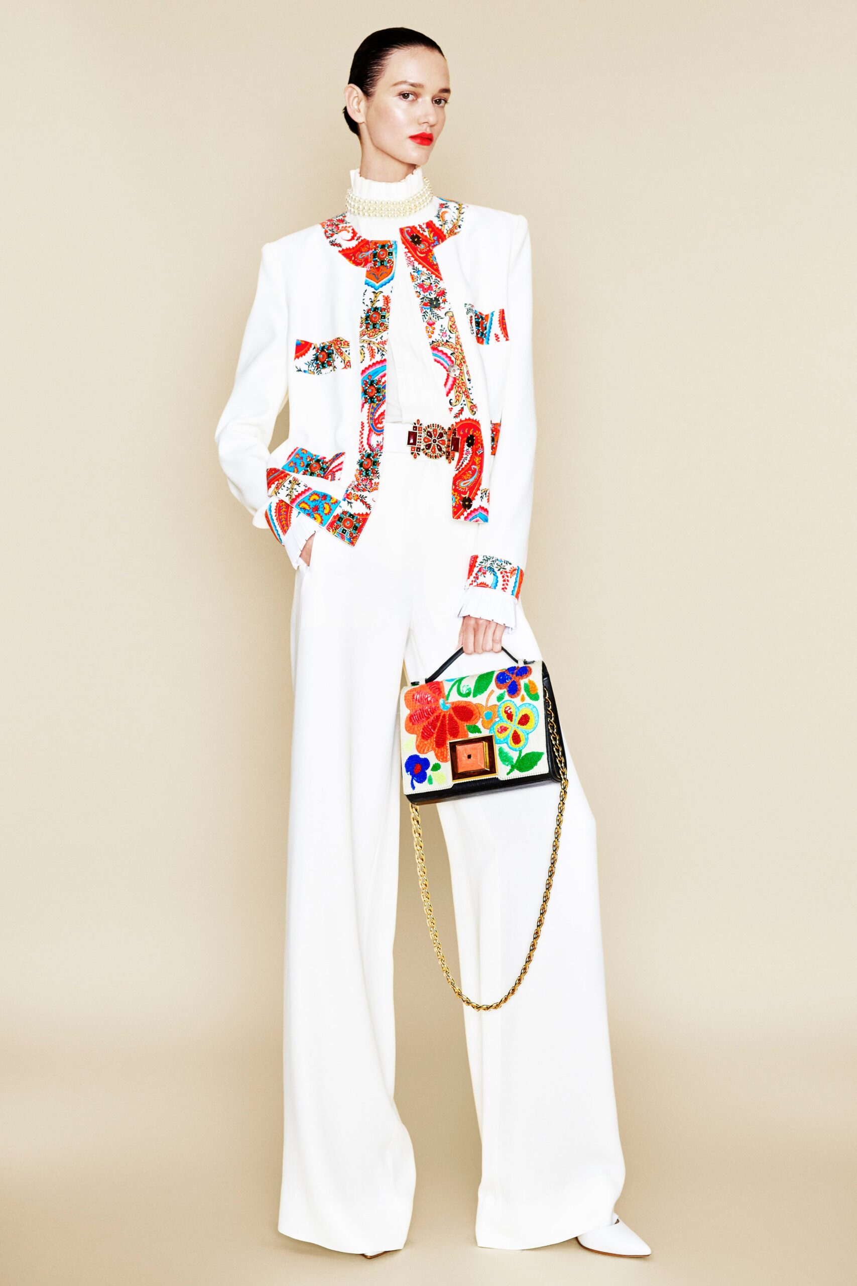 white cotton long-sleeve collared tailored buttoned embroidered jacket