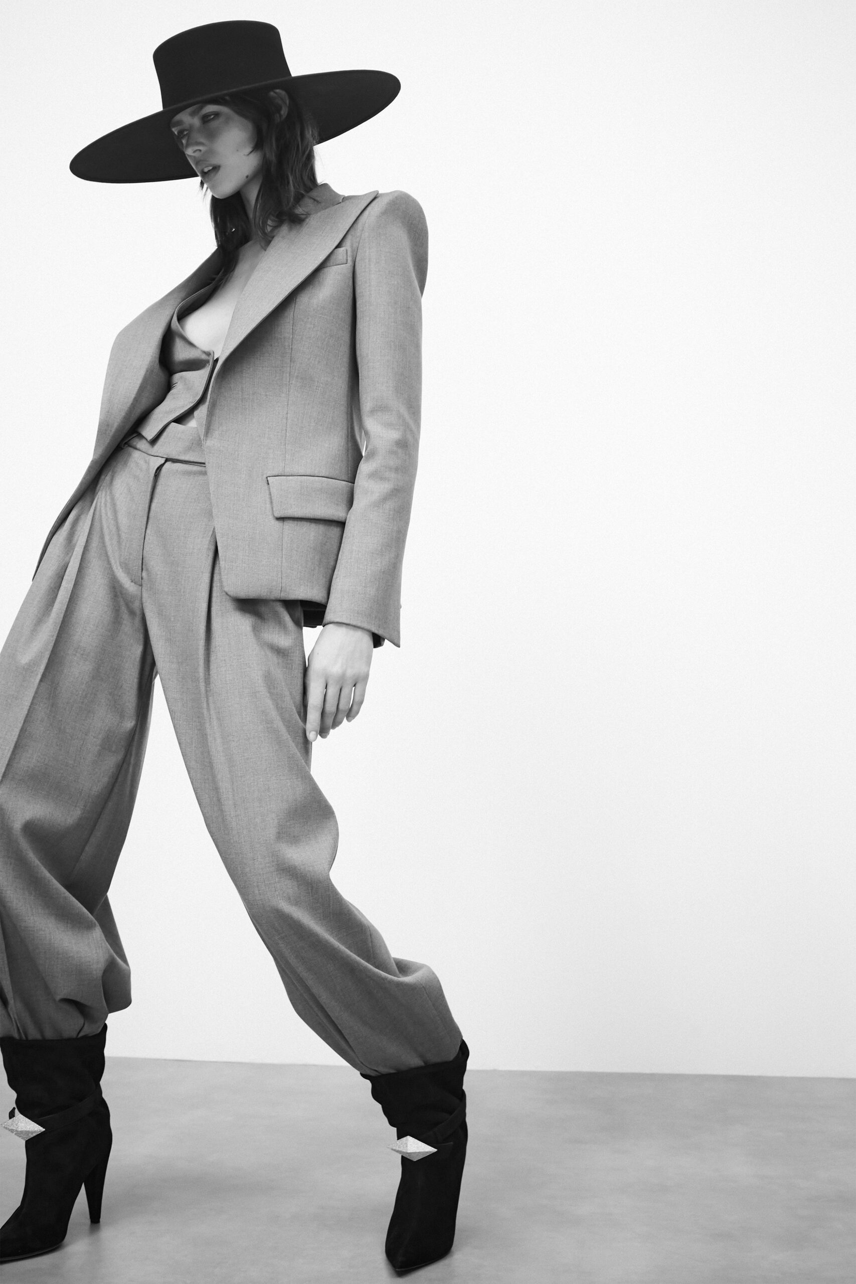 gray tailored suit with wide-leg pants