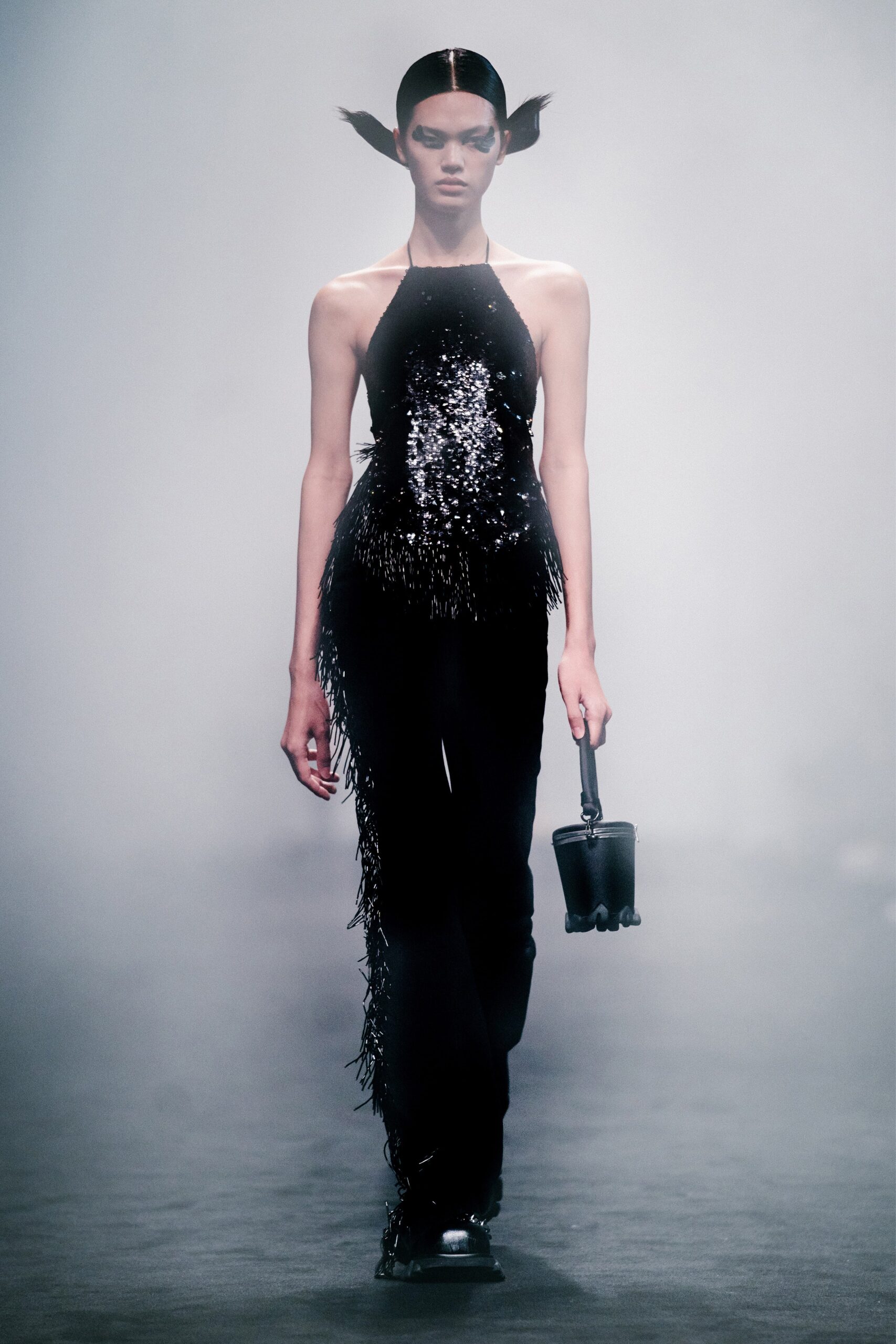 black silk sleeveless high-neck fitted fringed sequined top