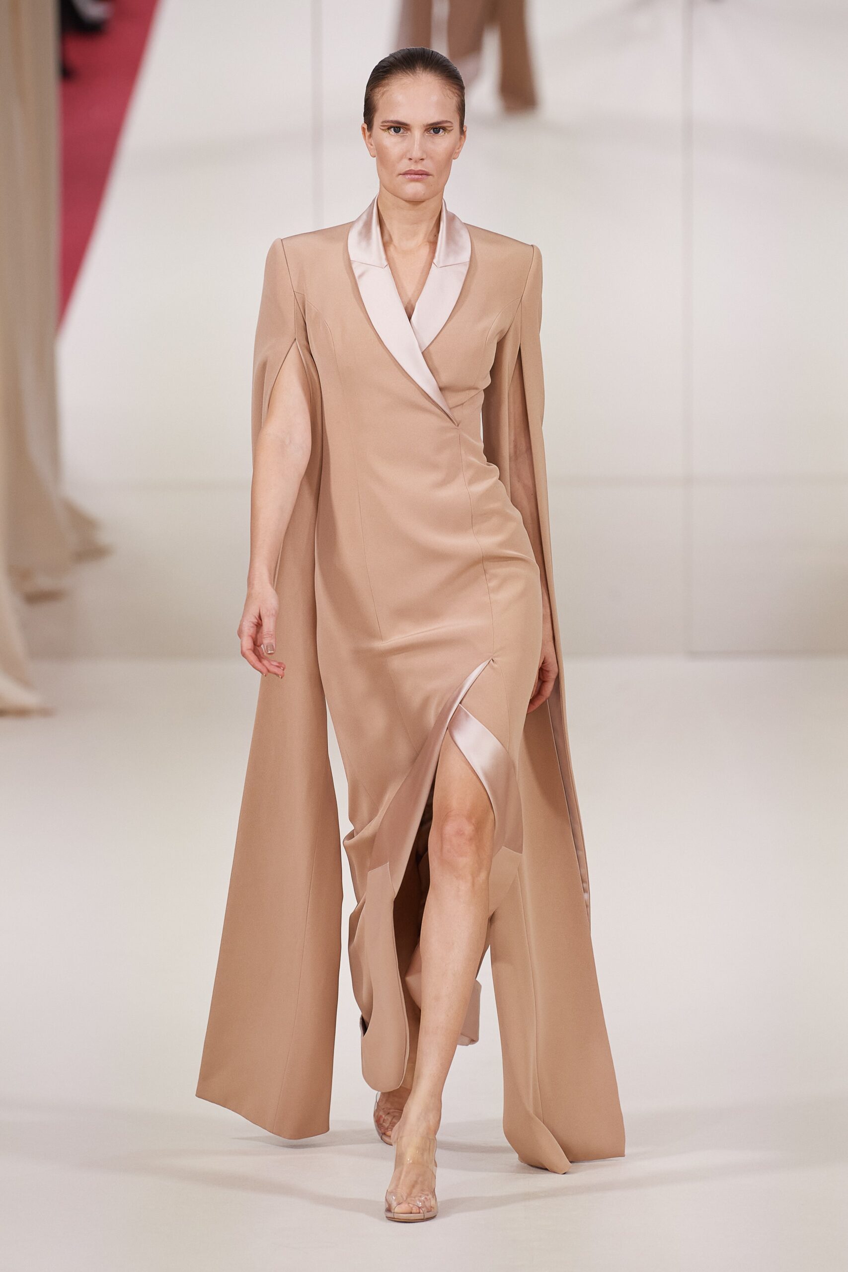 beige silk long-sleeve v-neck fitted draped midi dress