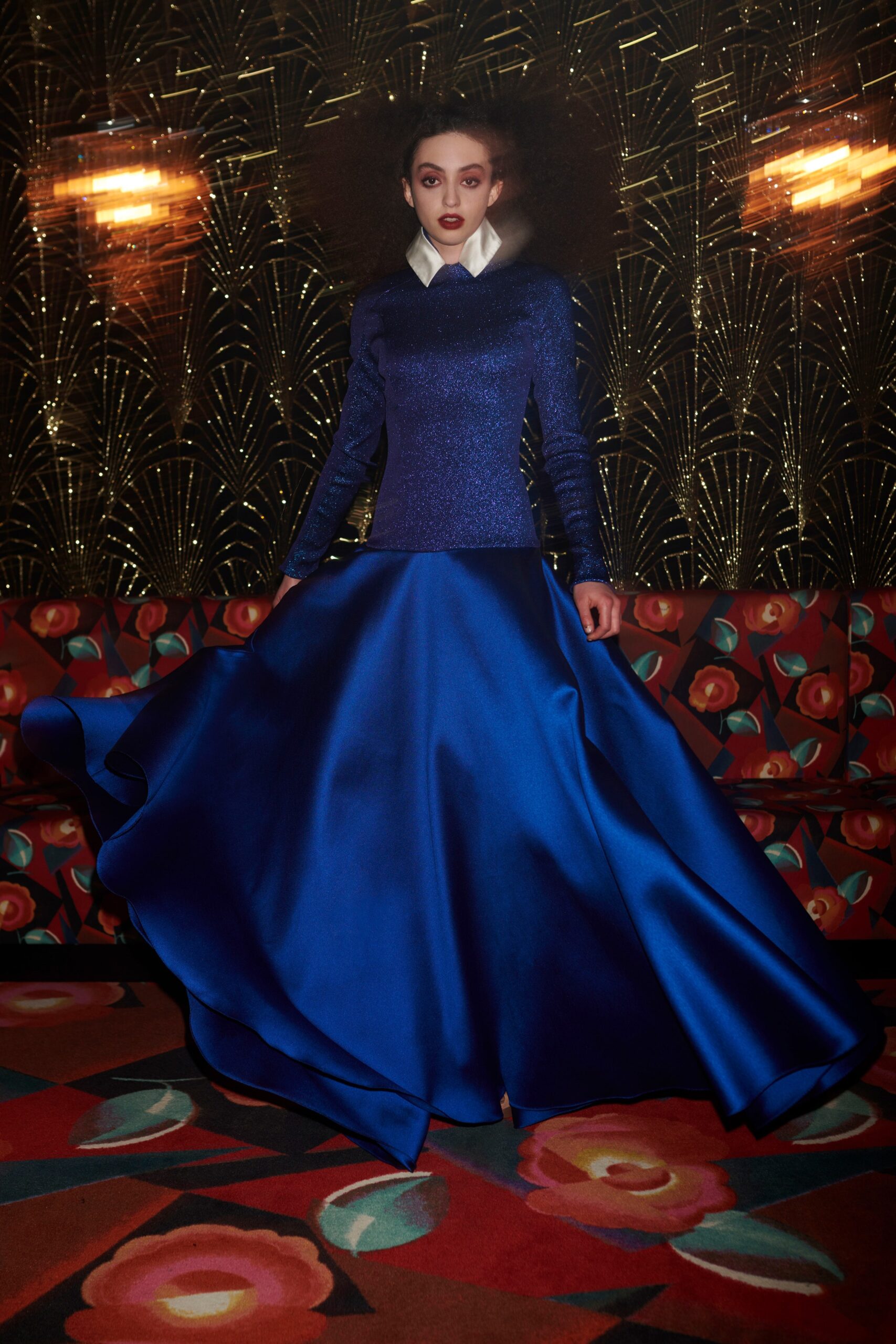 blue satin long-sleeve gown