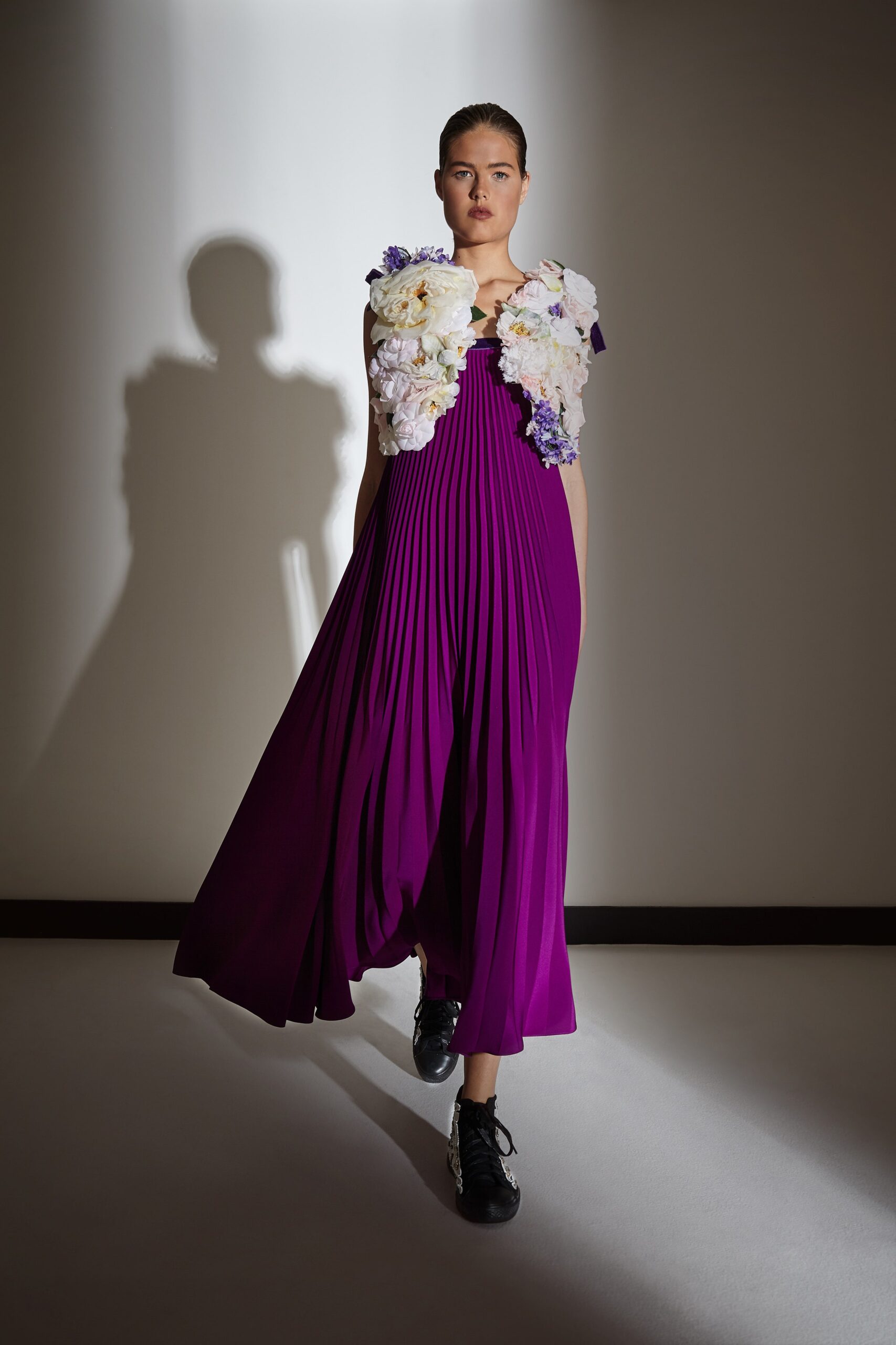 purple pleated midi dress