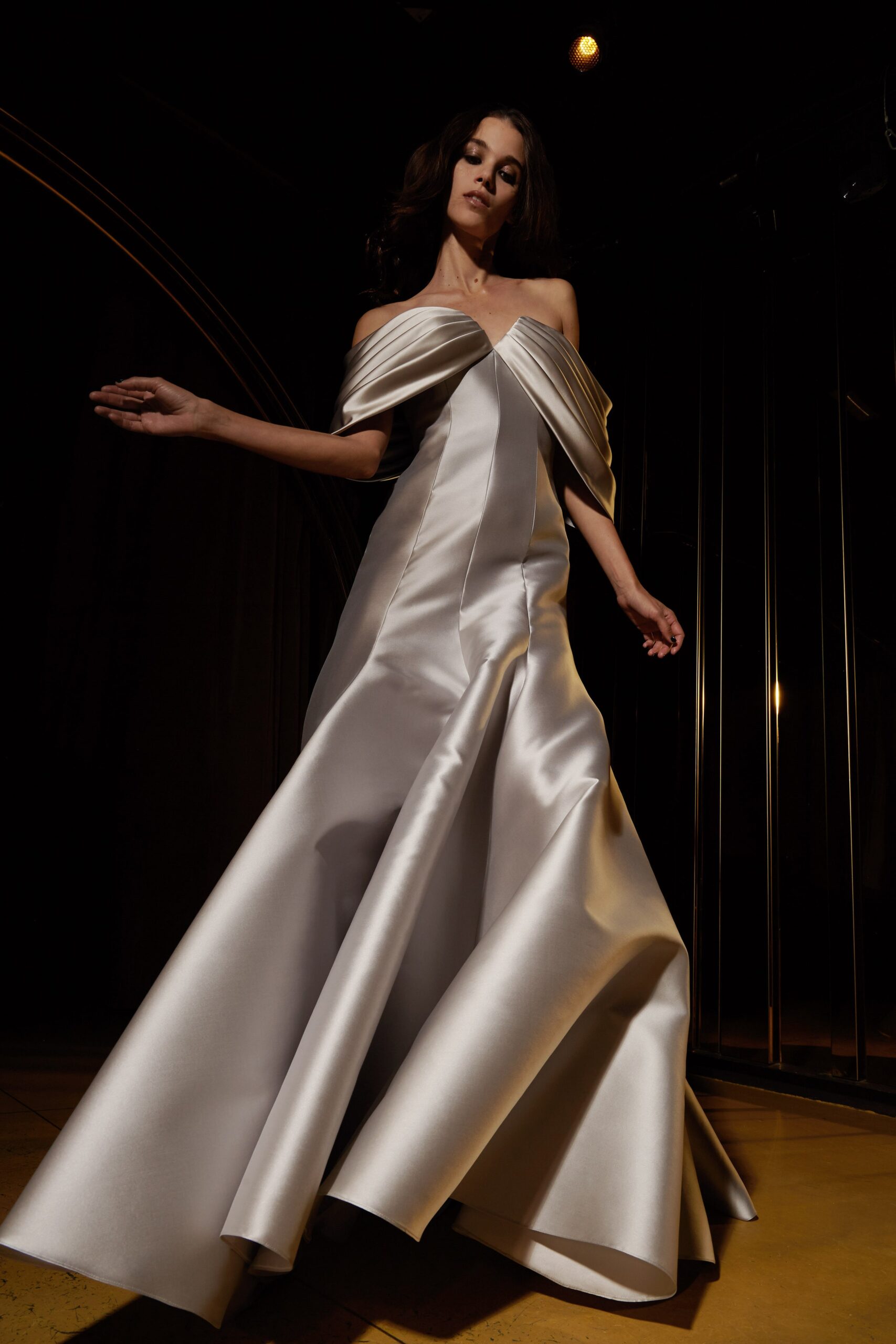 white satin off-shoulder gown
