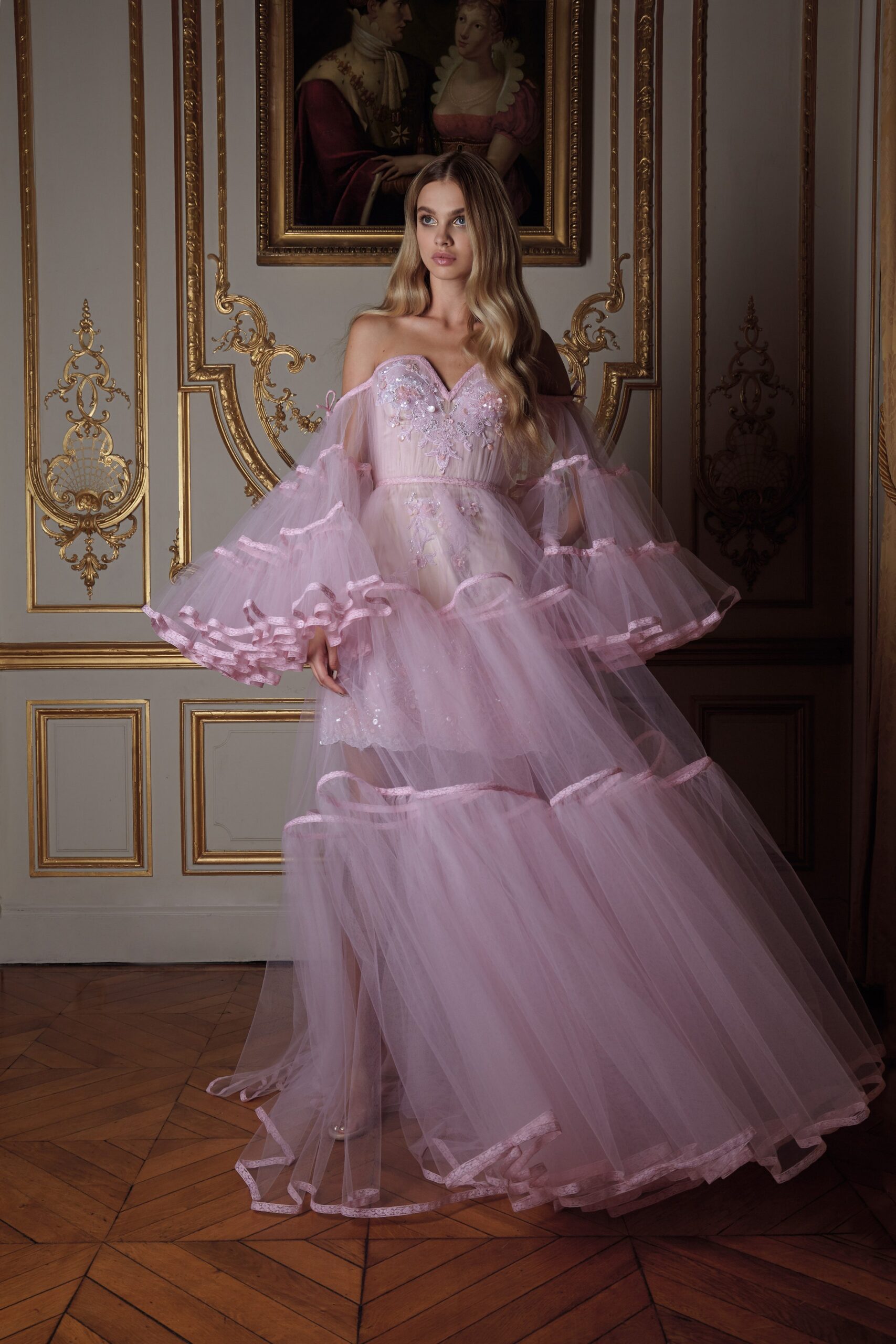 pink ruffled strapless gown